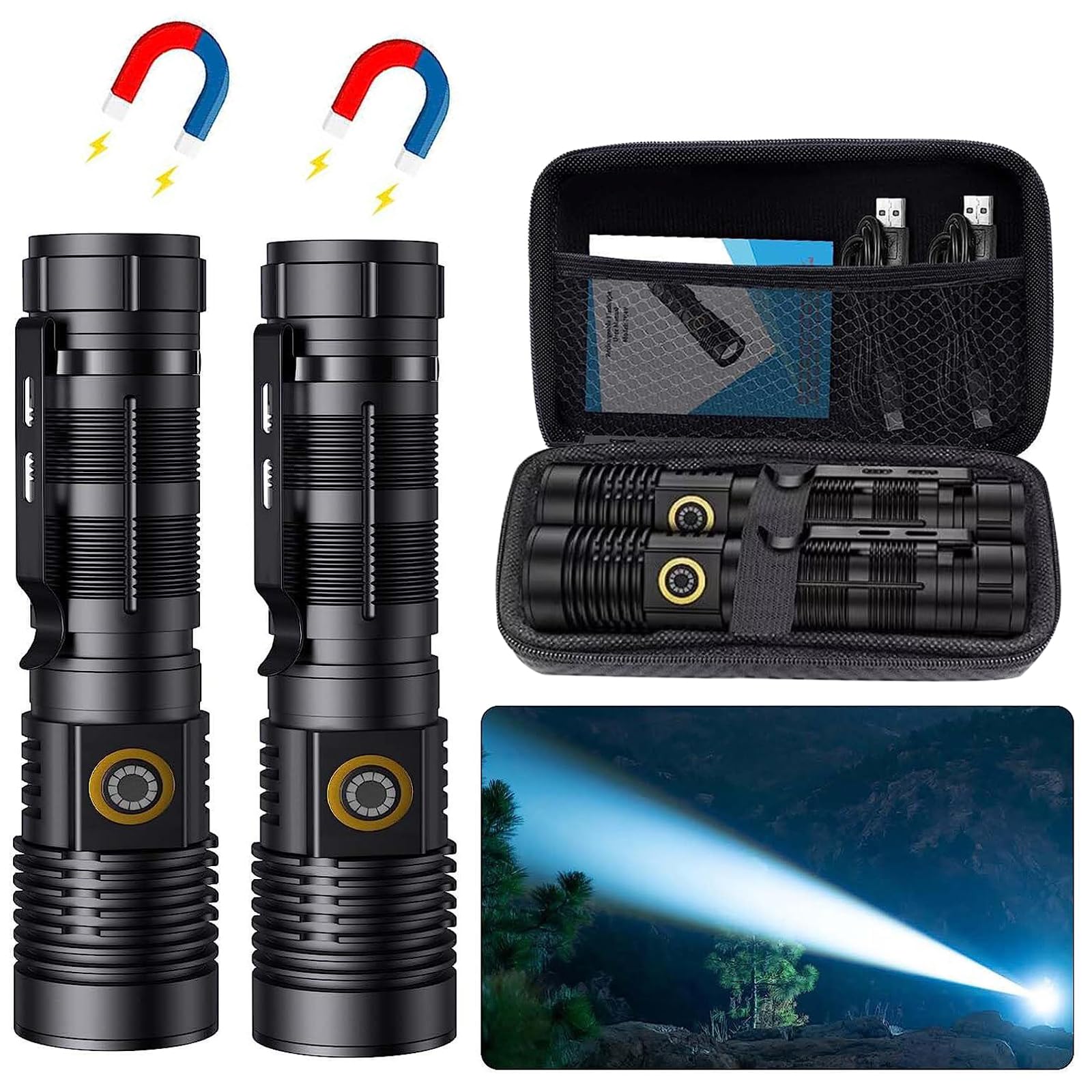 Rechargeable Tactical Flashlights 20000 High Lumens - 1500 Meters Long Beam Super Bright LED Magnetic Flashlight USB Zoomable 5M