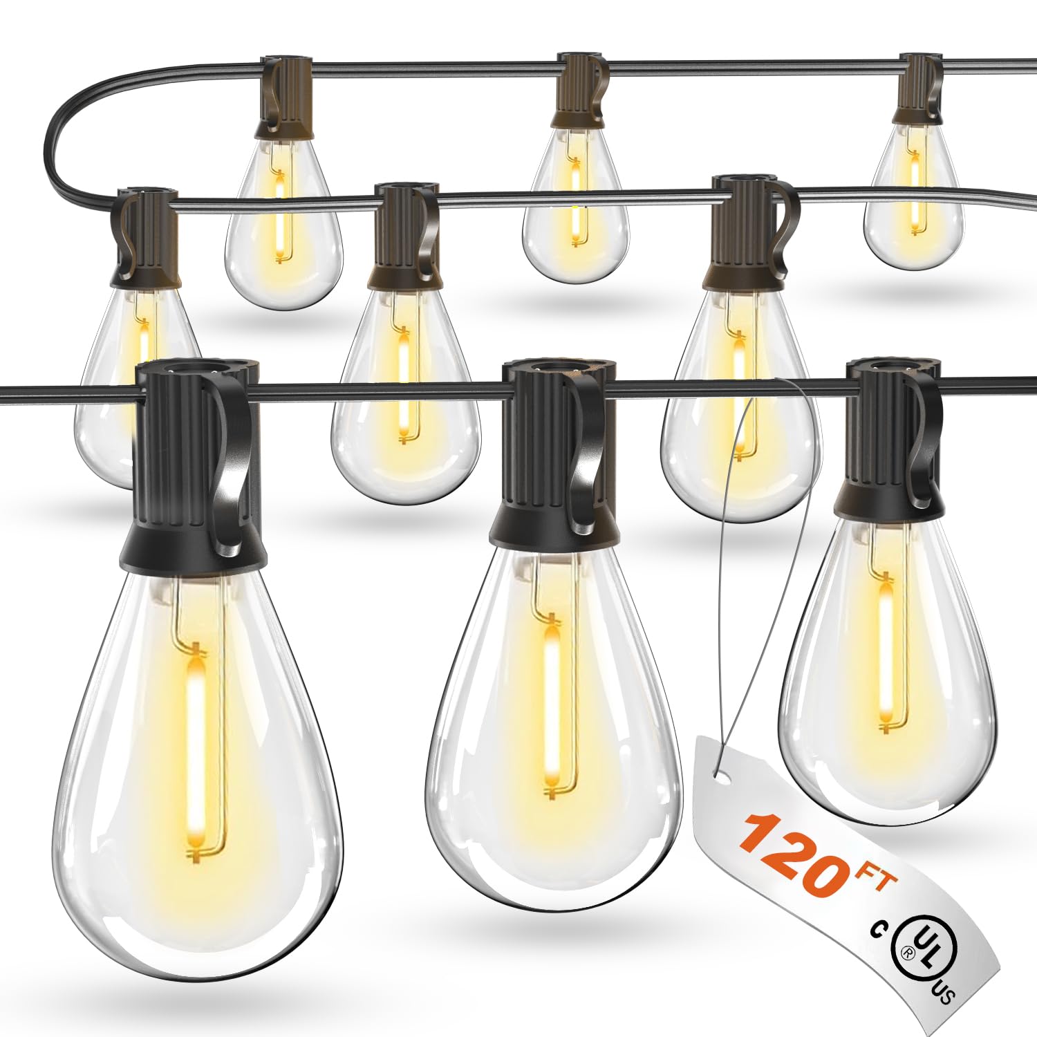 luckystyle 120FT LED Outdoor String Lights with 30+2 Edison Shatterproof Waterproof Bulbs, 2700K Commercial Grade Patio Lights, 