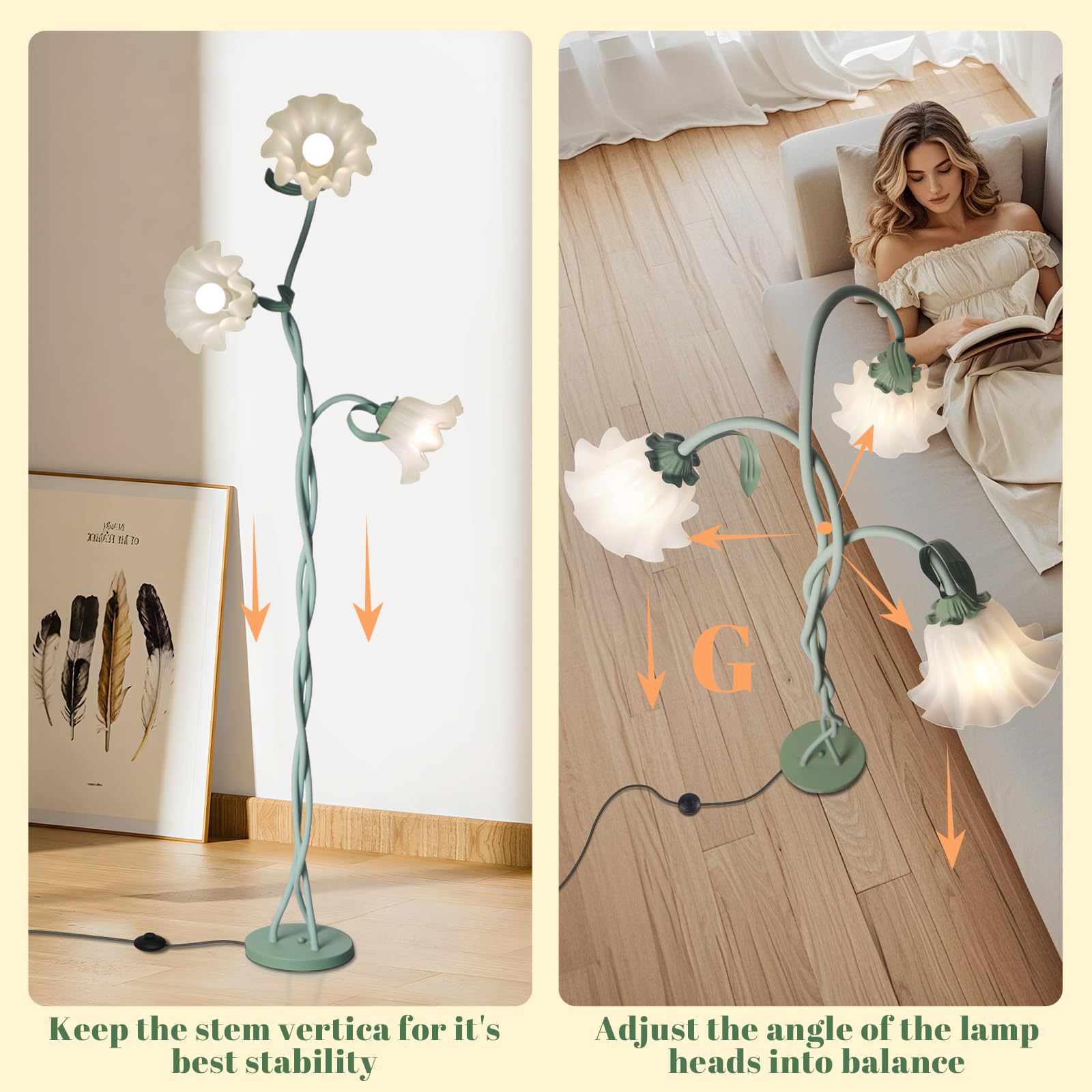 Flower Standing Lamp For Bedroom, Cute Corner Floor Lamp With Flexible Gooseneck,3 Light Floor Reading Lamp With 3 Color Tempera