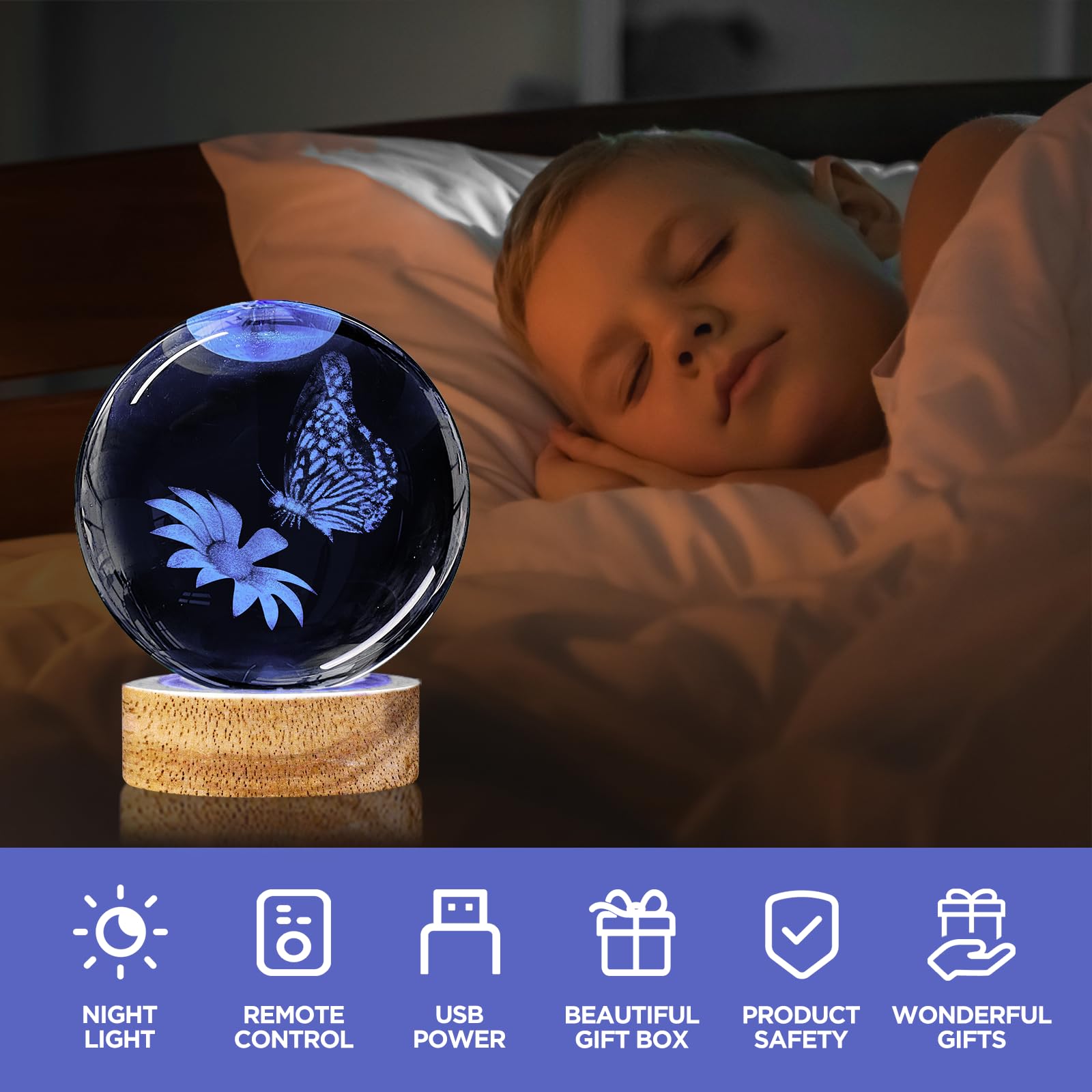 Yylzephb 3D Crystal Ball Night Light With Wooden Base, 3.15'' Butterfly & Flower Figurine Glass Lamp With 16 Colors, Cute Desk D