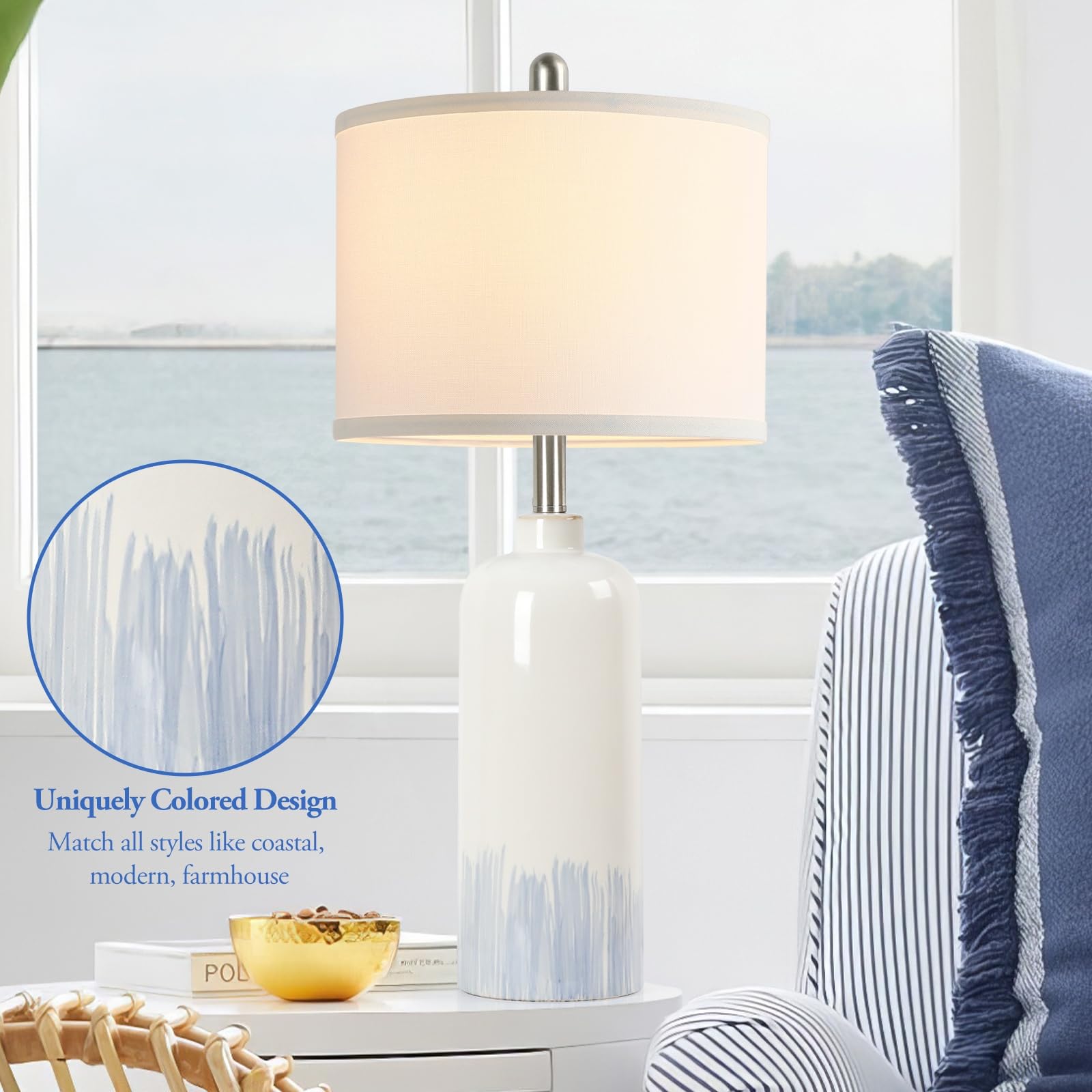 Sucolite 26&quot; Blue & White Ceramic Table Lamps Set Of 2 - Coastal Living Room & Bedroom Decor