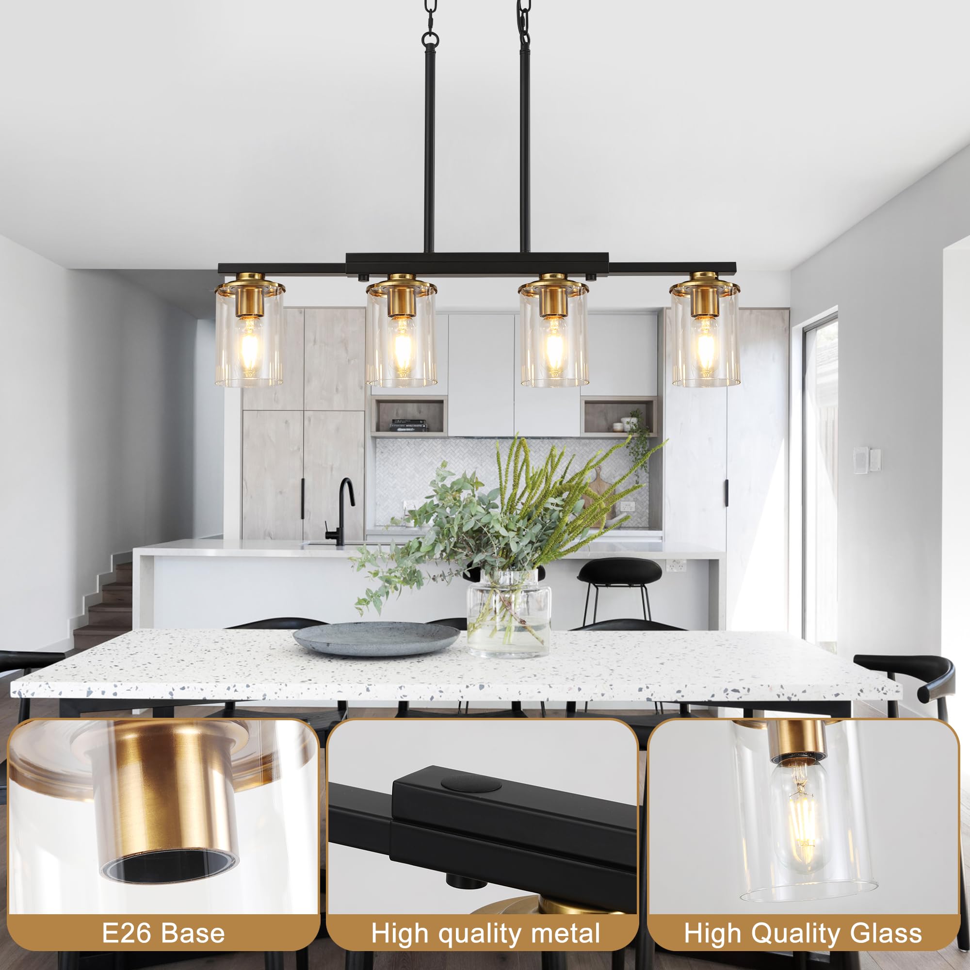 XvmBvm 4-Light Kitchen Island Chandelier, Modern Rustic Black & Gold with Clear Glass Shade, Model X3002-4