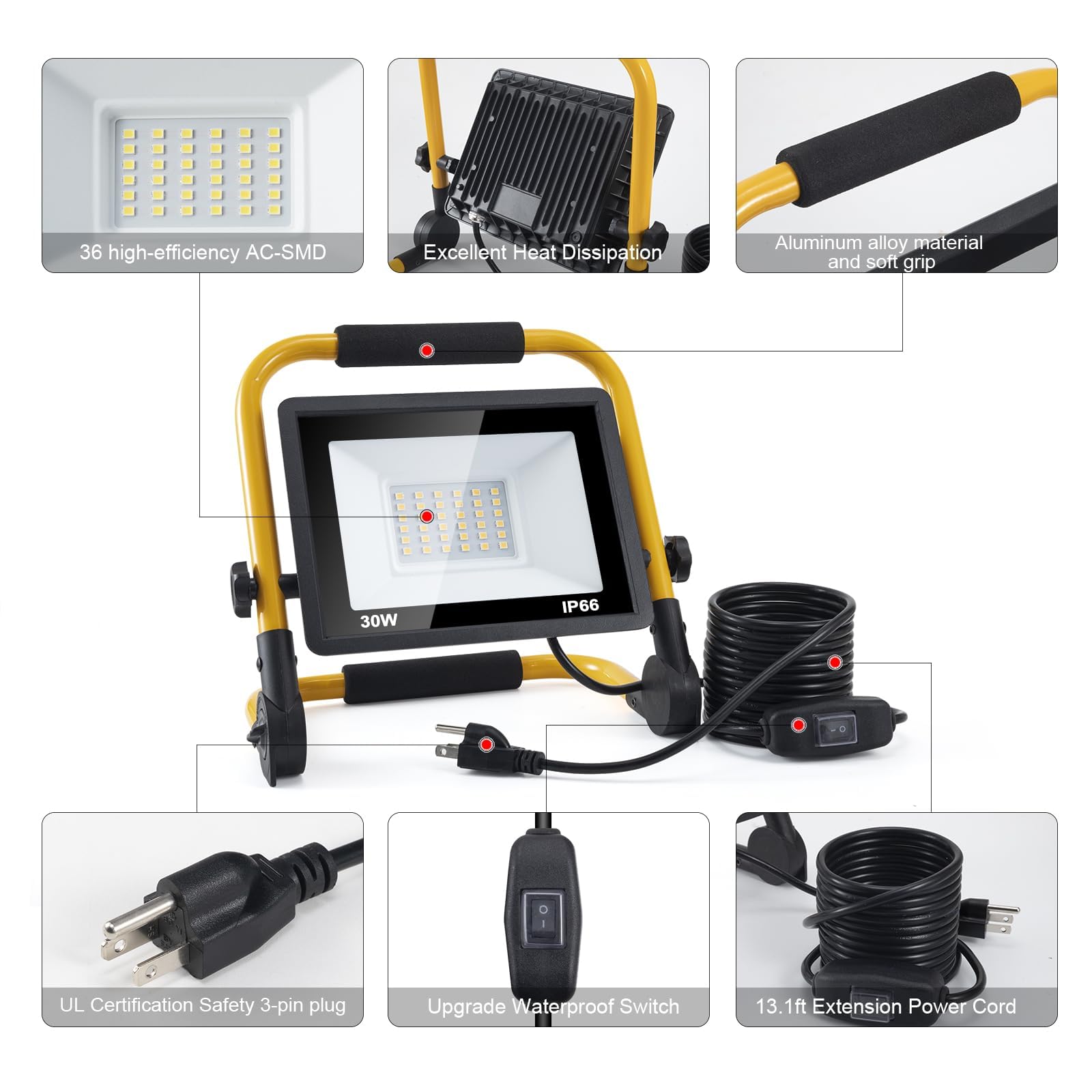 ORHOMELIFE LED Work Light 30W 3000LM 6000K IP66 Waterproof 13.1ft Cord Model SD054 Golden