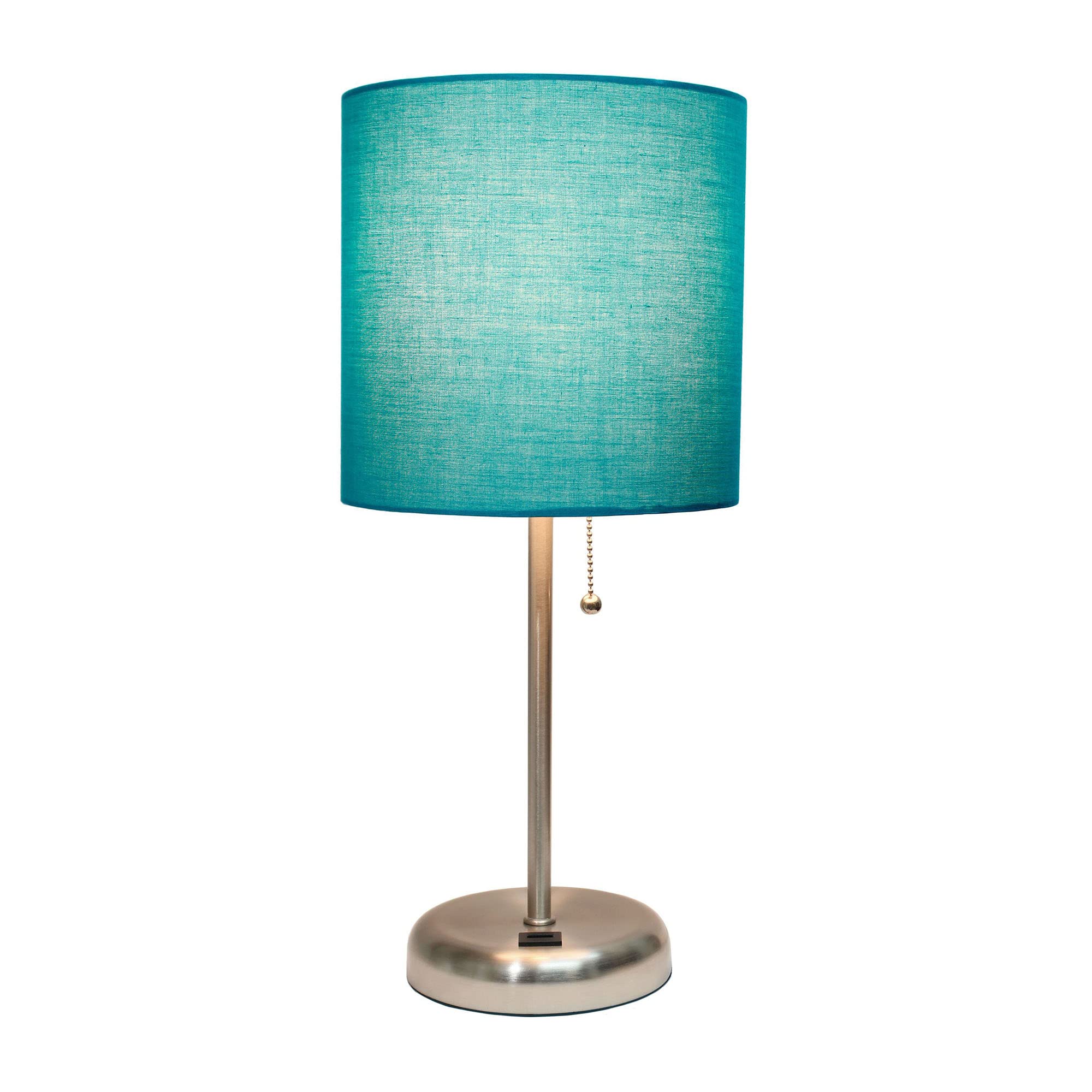 Creekwood Home 19.5&quot; Metal Bedside Lamp With Usb Port, Brushed Steel & Teal Drum Shade