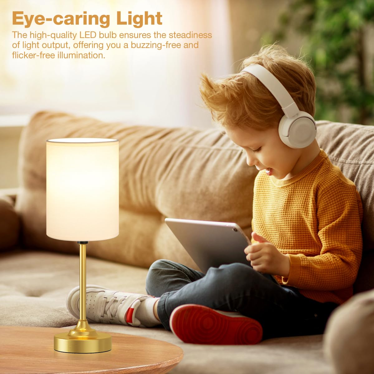 Fenmzee Gold Nightstand Bedroom Lamp - 3 Way Dimmable Bedside Lamp, Small Table Lamp Linen Lampshade For Office Desk, Led Bulb I