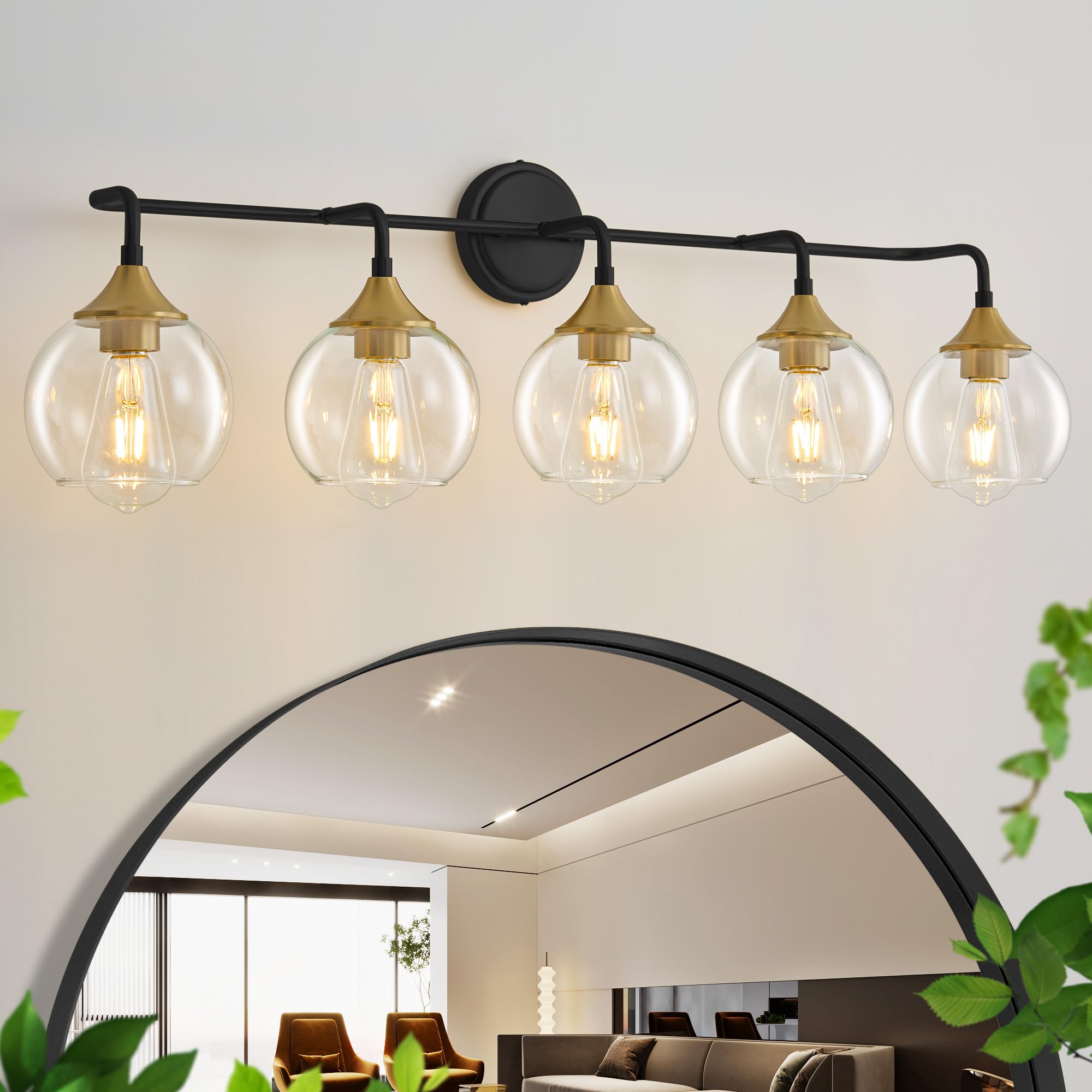 Gednbo Bathroom Vanity Light, 5-Lights, Metal, Black and Gold, Model G1796, Clear Glass Shade, E26 Base, 39 Inch Lighting Fixture