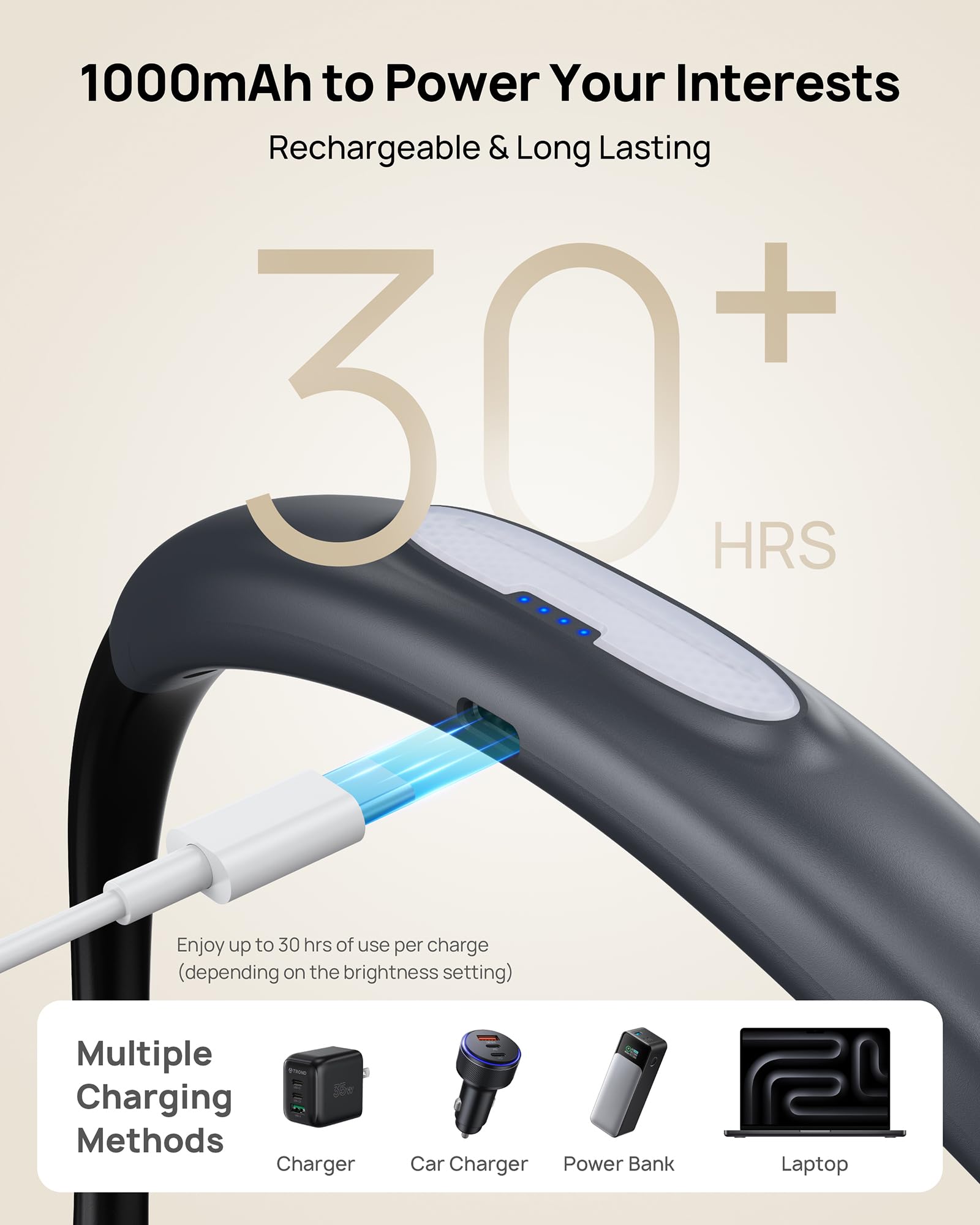 TROND LED Neck Reading Light - 3 Colors, 3 Brightness Levels, 1000mAh, Flexible Arm, Classic Black, Model TD-RL01, Eye-Caring Design