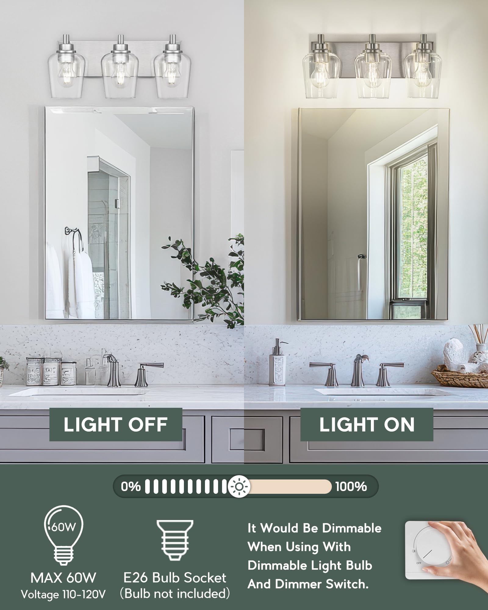 METWET 3-Light Bathroom Vanity Light Fixture, Brushed Nickel, Clear Glass Wine Glass Shade, Model VL155-BN-3
