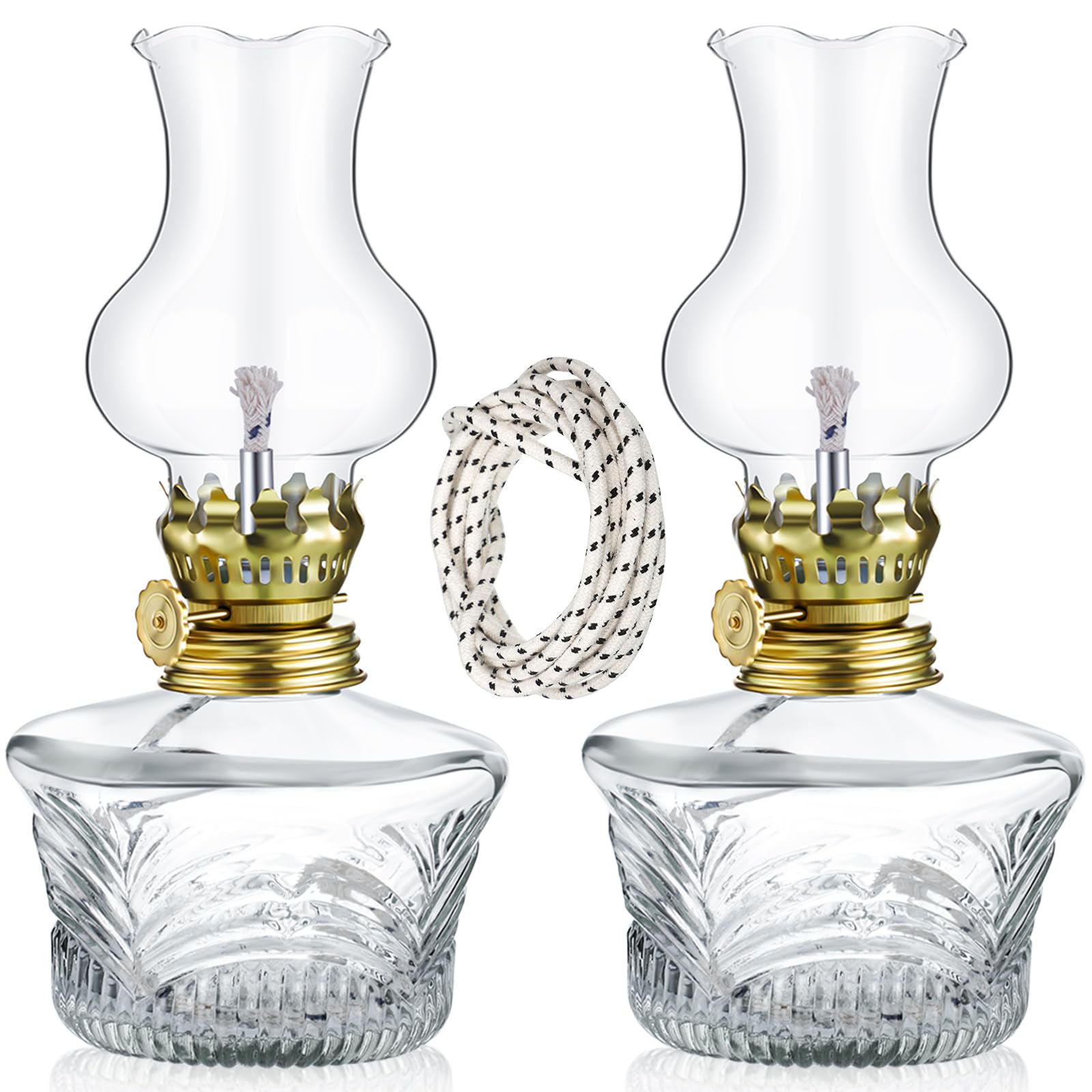 Yexiya 2 Pieces Rustic Oil Lamp Lantern Large Classic Kerosene Lamp Vintage Glass Kerosene Lamp Chamber Oil Lamps with 6.6 ft Extra Oil Lamp Wick for Indoor Use Home Decor Lighting (Lovely)