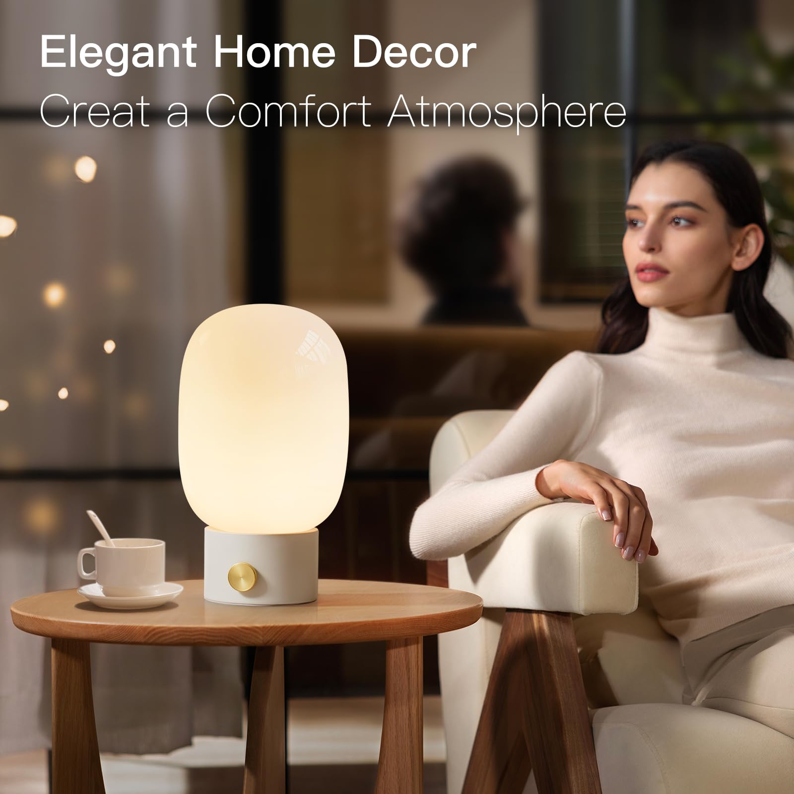 Onewish Dimmable Bedside Table Lamp, Modern Glass Nightstand Light With Warm Led Bulb, White