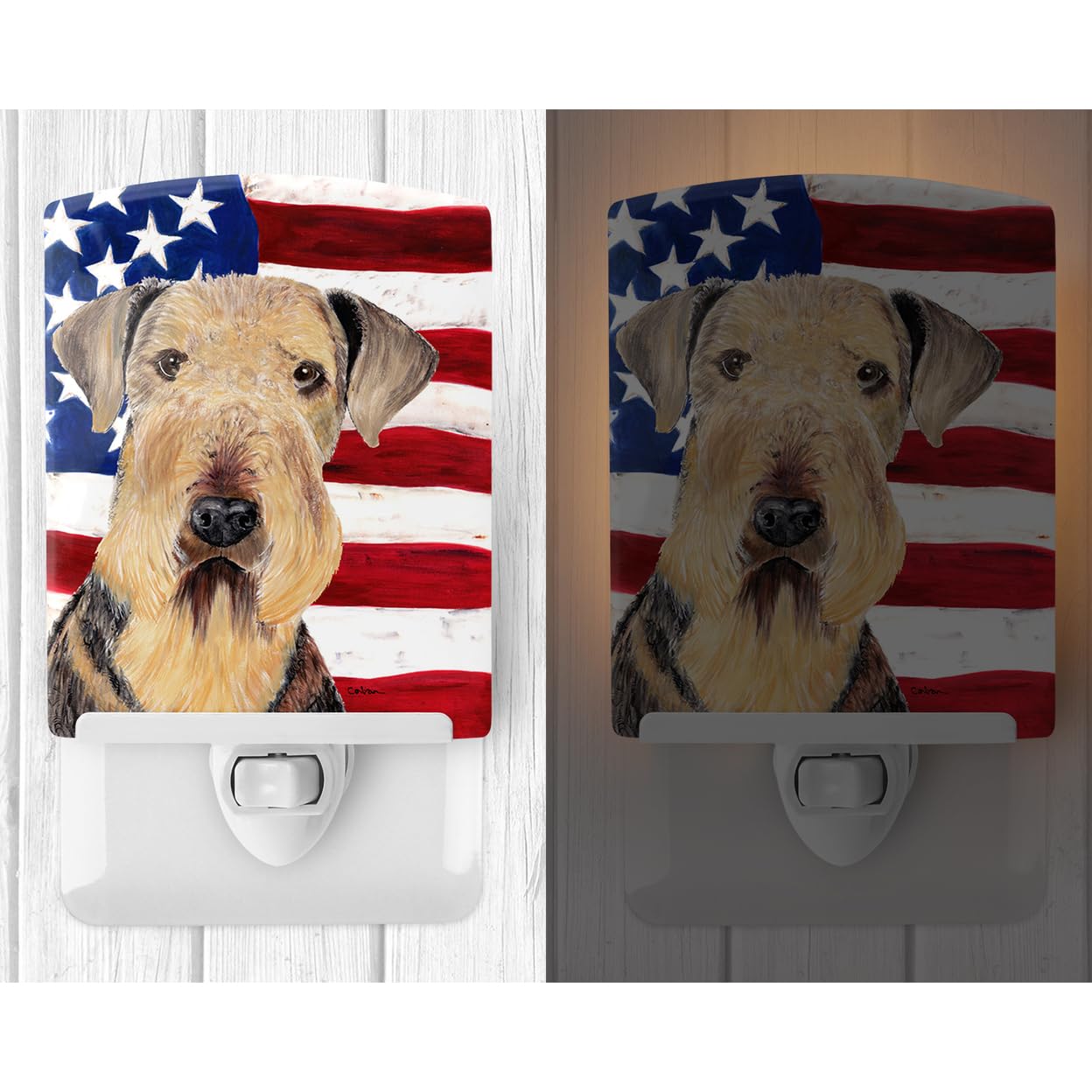 Carolines Treasures Ceramic Night Light, USA American Flag, Airedale, 6x4x3in, Model SC9007CNL, UL-Certified, Multicolor