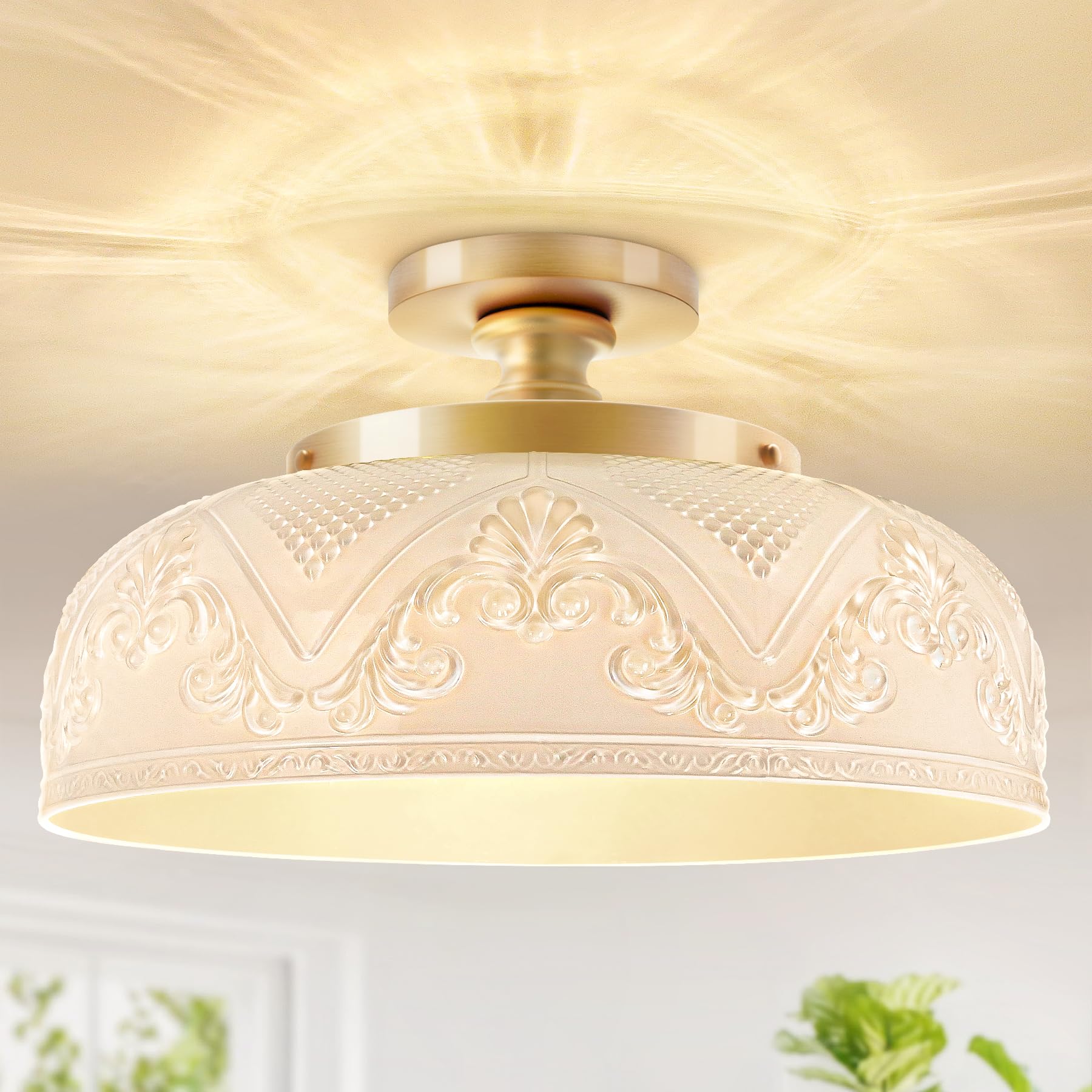 Slypadan Semi Flush Mount Ceiling Light, 12 Inch Large Gold Ceiling Light Fixture, 3-Light Globe White Glass Farmhouse Kitchen L