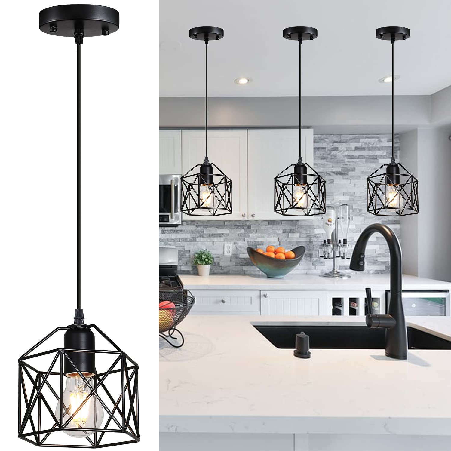 Laihezz Vintage Pendant Light Fixture, Metal Cage Design for Kitchen, Dining, Bar, Model 1173WF/3OP, 1-Light, Farmhouse Style