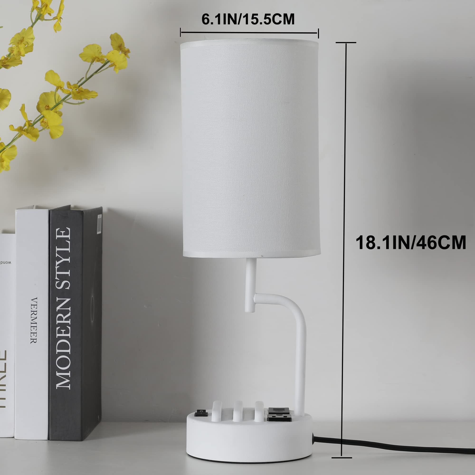 Dreamholder Table Lamp with 3 USB Ports & AC Outlet, White, Pack of 2, Modern Design for Bedroom, Living Room, Office