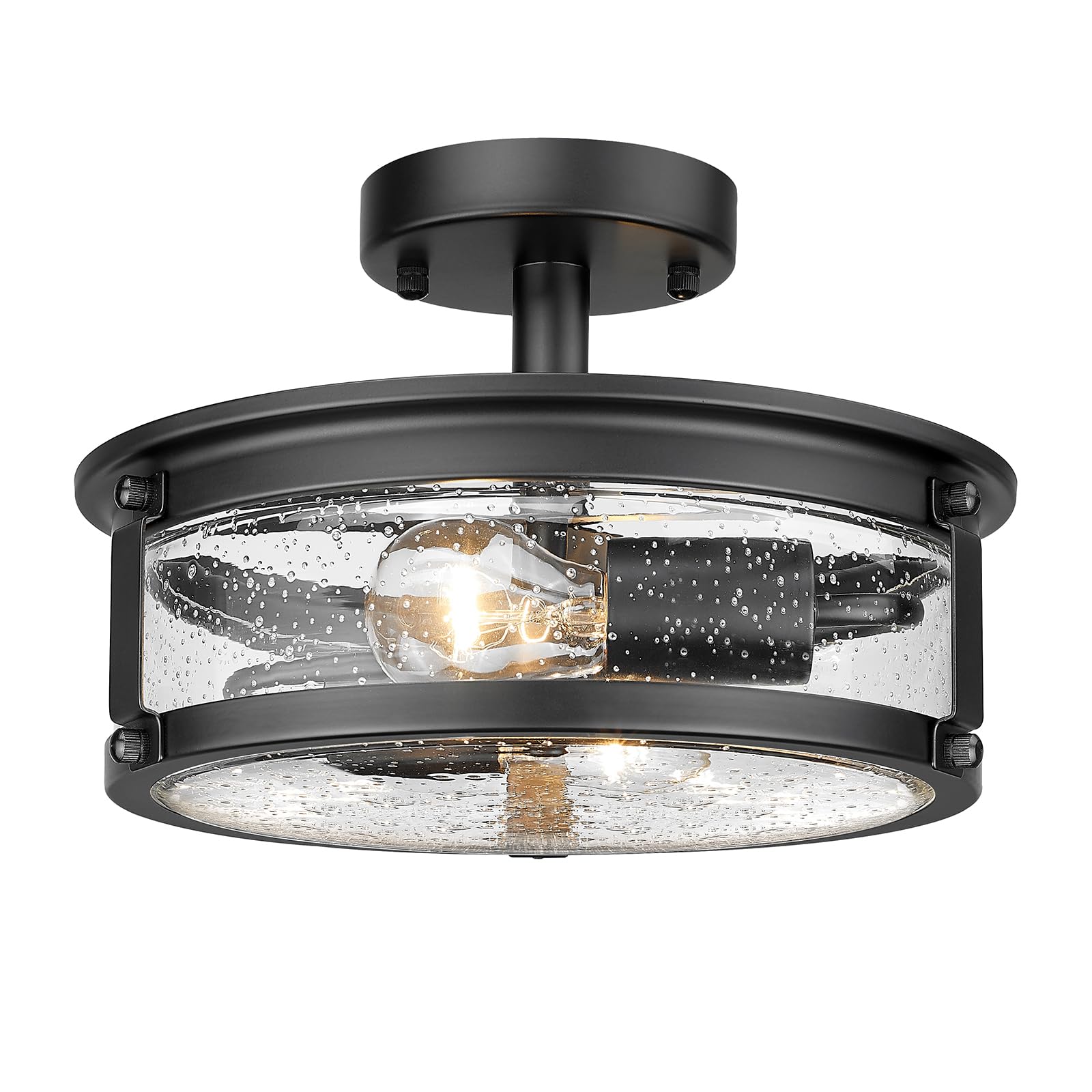 Foitton 2-Light Industrial Black Metal Semi Flush Mount Ceiling Light With Seeded Glass