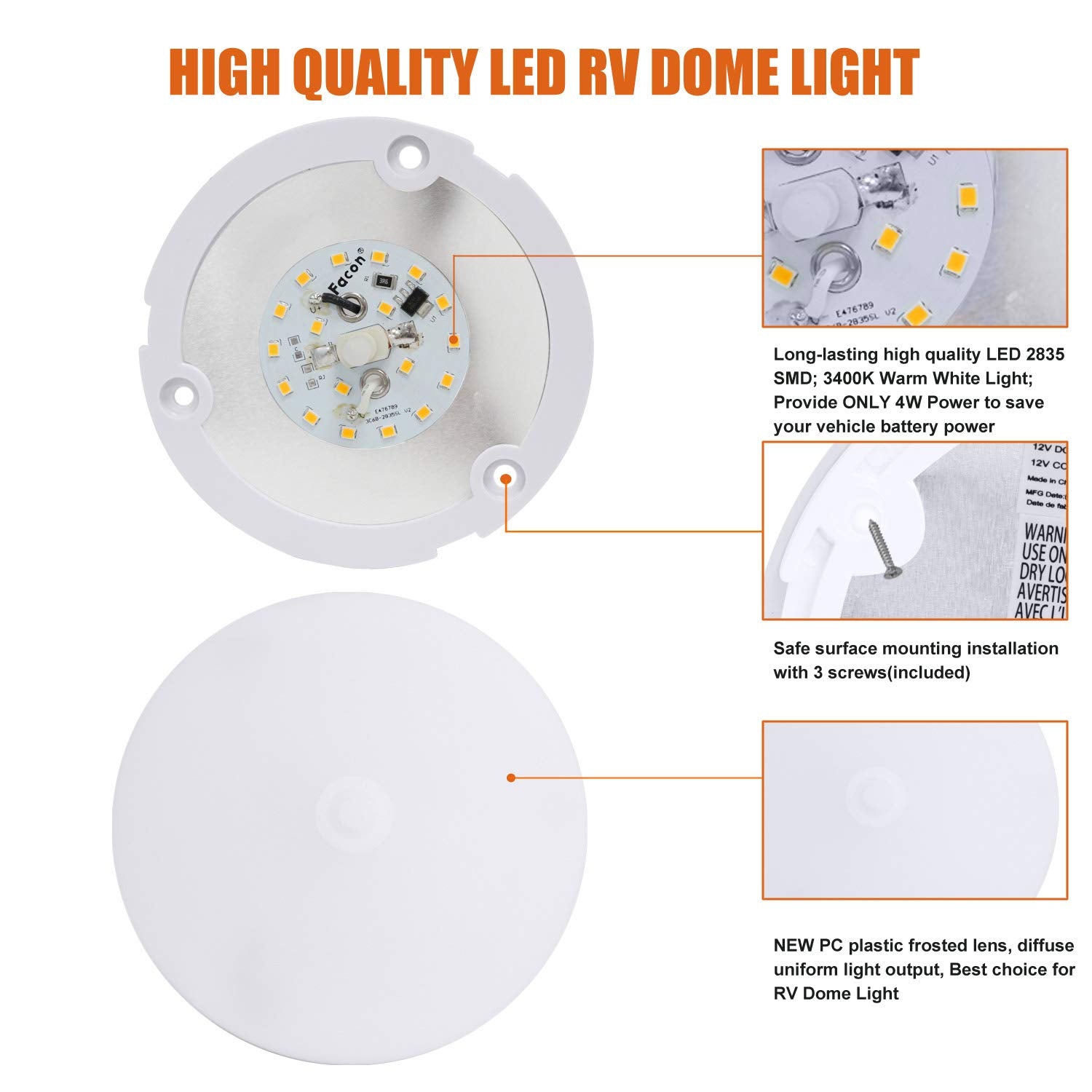 Facon LED RV Puck Light, 4.5" Super Slim Under Cabinet Dome Light, 12V DC, Warm White, 2-Pack, Model SY-SM45-SW-340