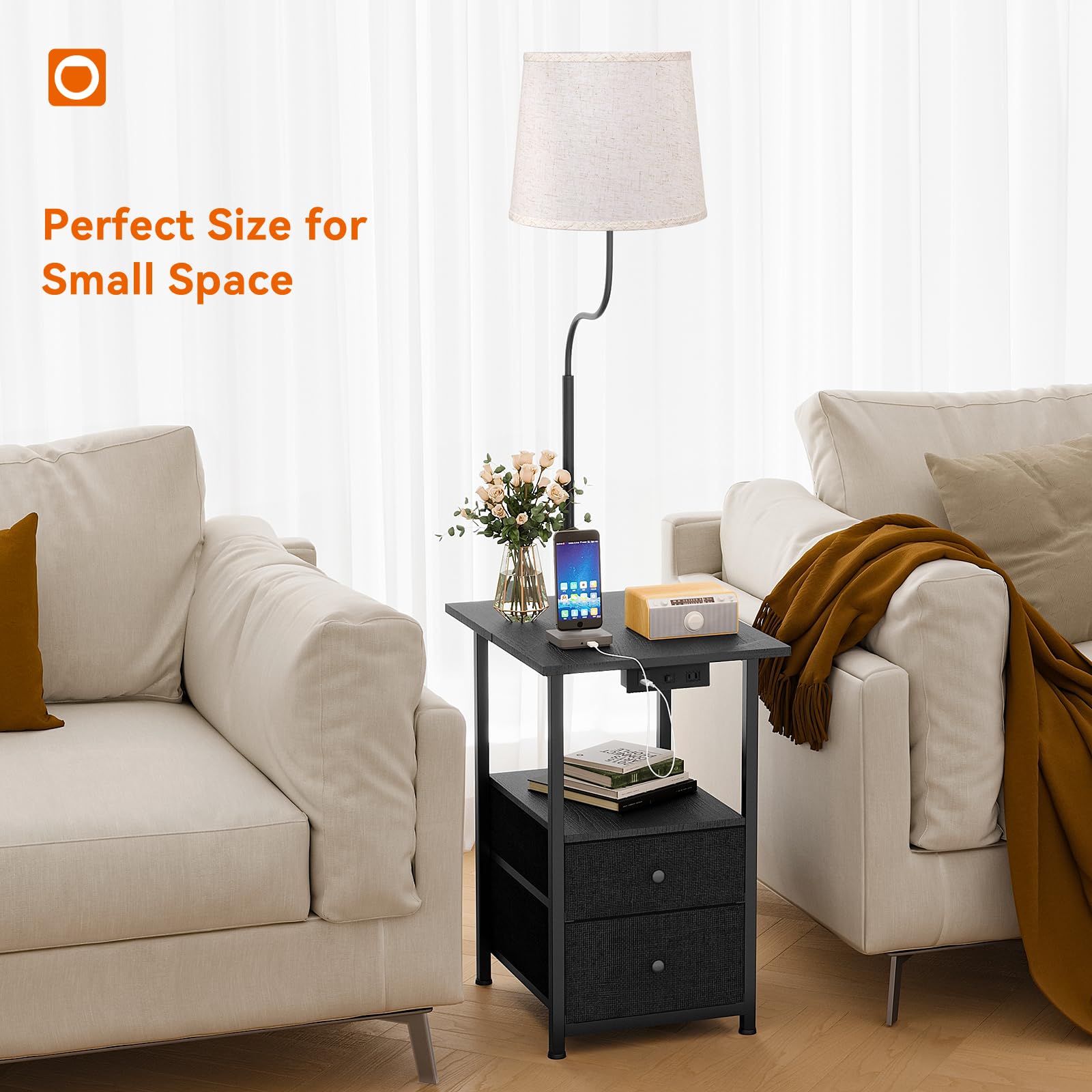 Addlon Floor Lamp With Side Table, Nightstand With Charging Station, 3 Color Temperatures 9W Led Bulb, Floor Lamps For Living Room, Bedroom, Storage End Tables Living Room - Black