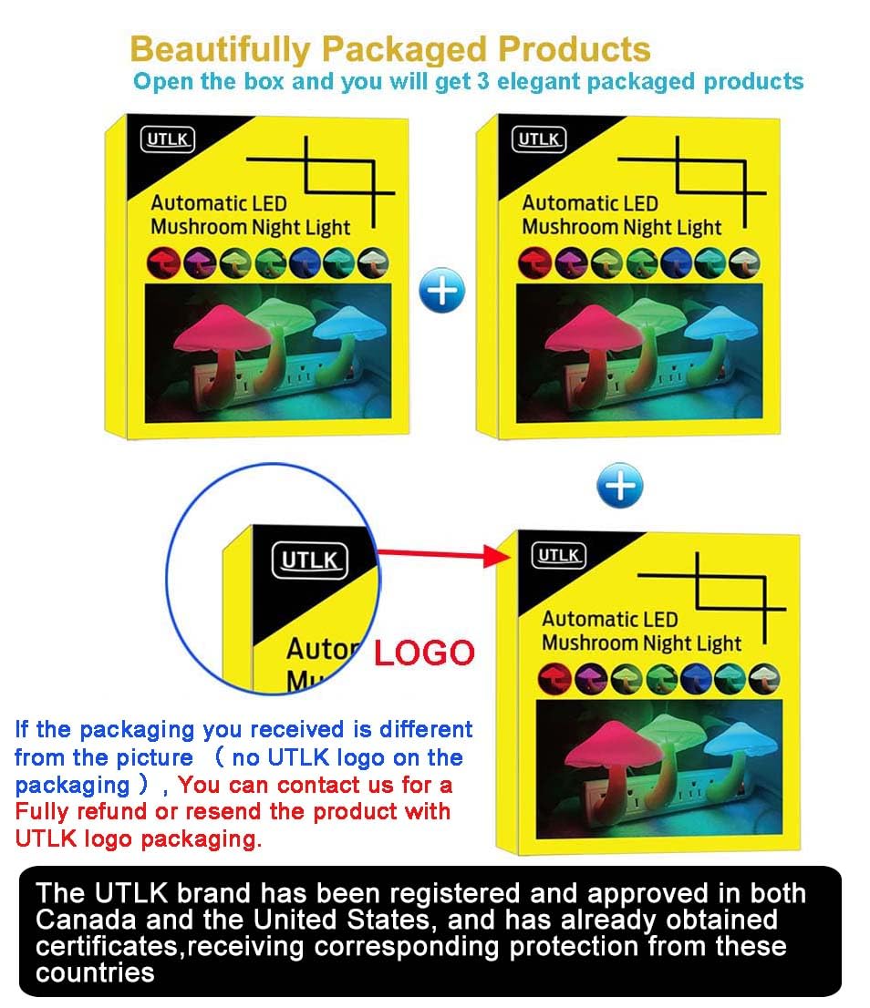 UTLK Plug-in LED Mushroom Night Light Lamp, Dusk to Dawn Sensor, 7-Color, Cute Nightlight for Kids and Children