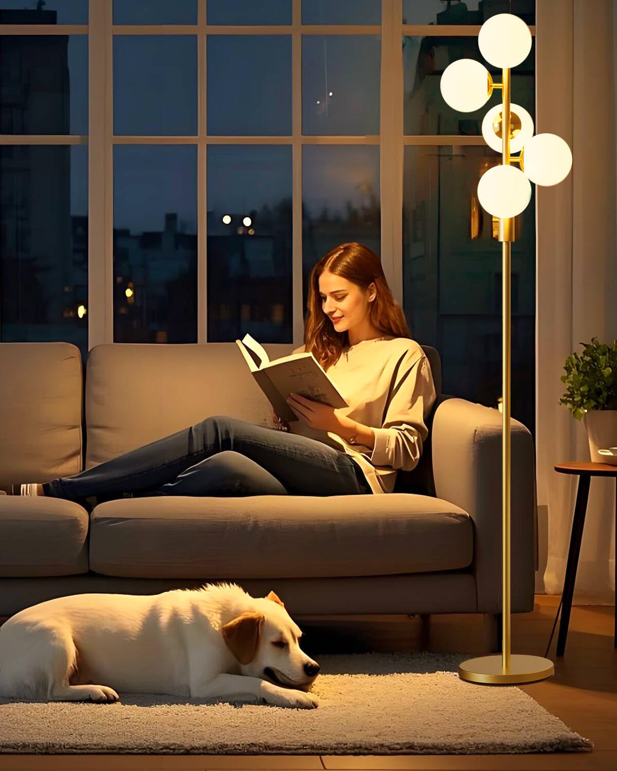 Lightdot Dimmable Globe Floor Lamp Mid Century Modern Floor Lamp with 5Pcs 3000K G9 Bulbs Stepless Brightness Adjustable Gold St