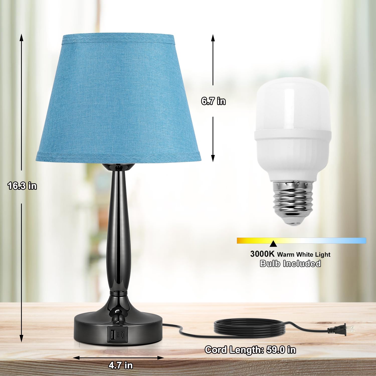Touch Bedside Lamp For Bedroom With Usb C Port, Small Touch Table Lamp With 2 Usb Charging Ports, 3 Way Dimmable Nightstand Lamp