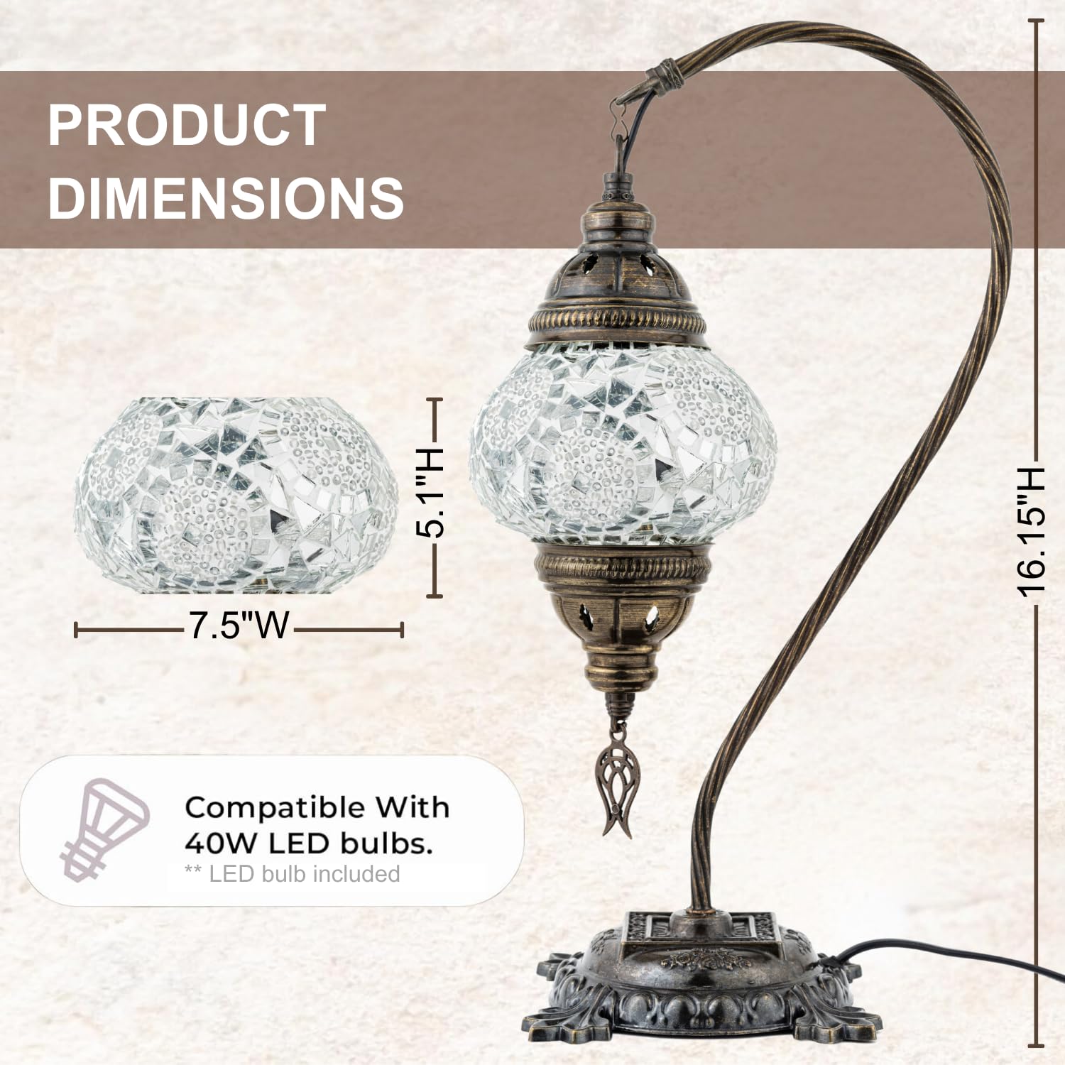 Kafthan Turkish Mosaic Lamp – Handmade Glass Bedside Lamp, Antique Brass Base, White Circles, Model ASNML50369, Bulb Included