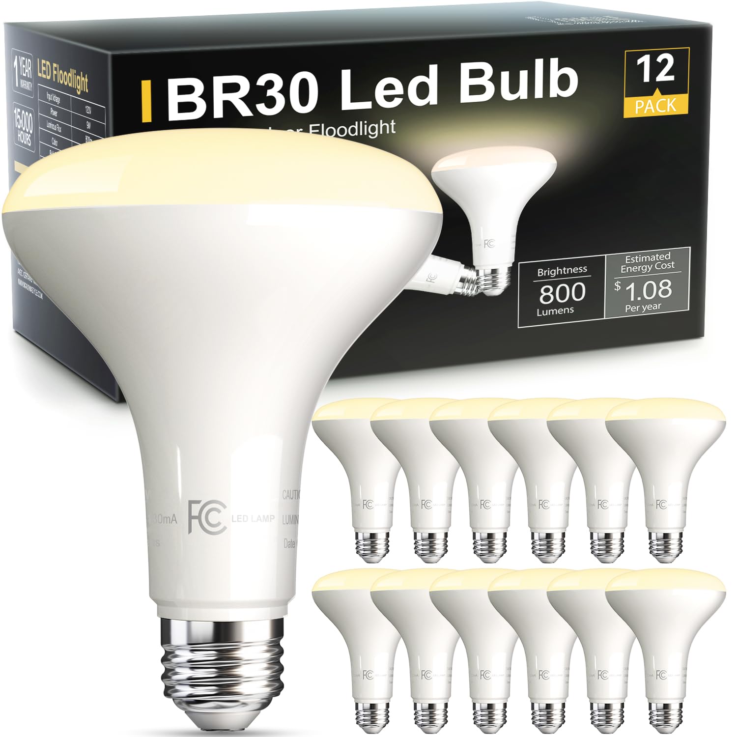 Volivo Led Flood Light Bulb 12 Pack, Recessed Ceiling Bulb, Br30, 65W Equivalent Efficient 9W, Dimmable, E26 Base, Warm White 30