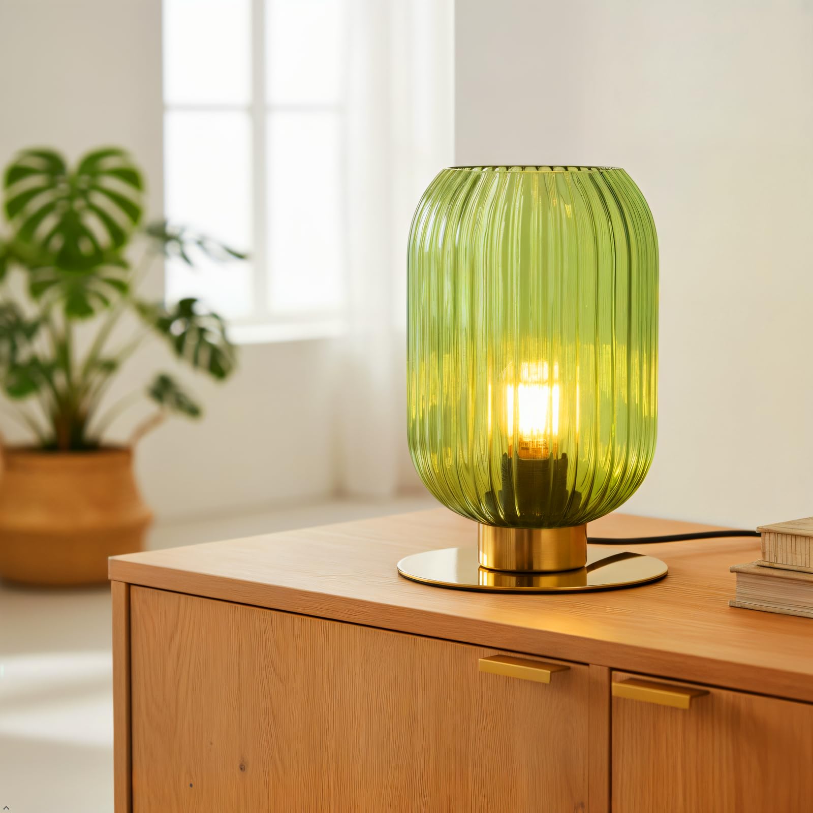 Soutas Green Glass Table Lamp, Mid Century Modern Table Lamp Vintage Gold Bedside Lamp with Brass Metal Base, Decorative Desk La