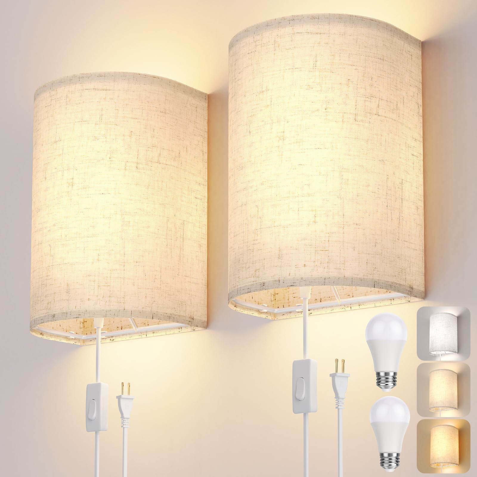 OCATO Wall Sconces Set of Two, Fabric Linen Shade, 3000K/4500K/6000K Selectable, Beige Plug-in, Model BYD-AC-001