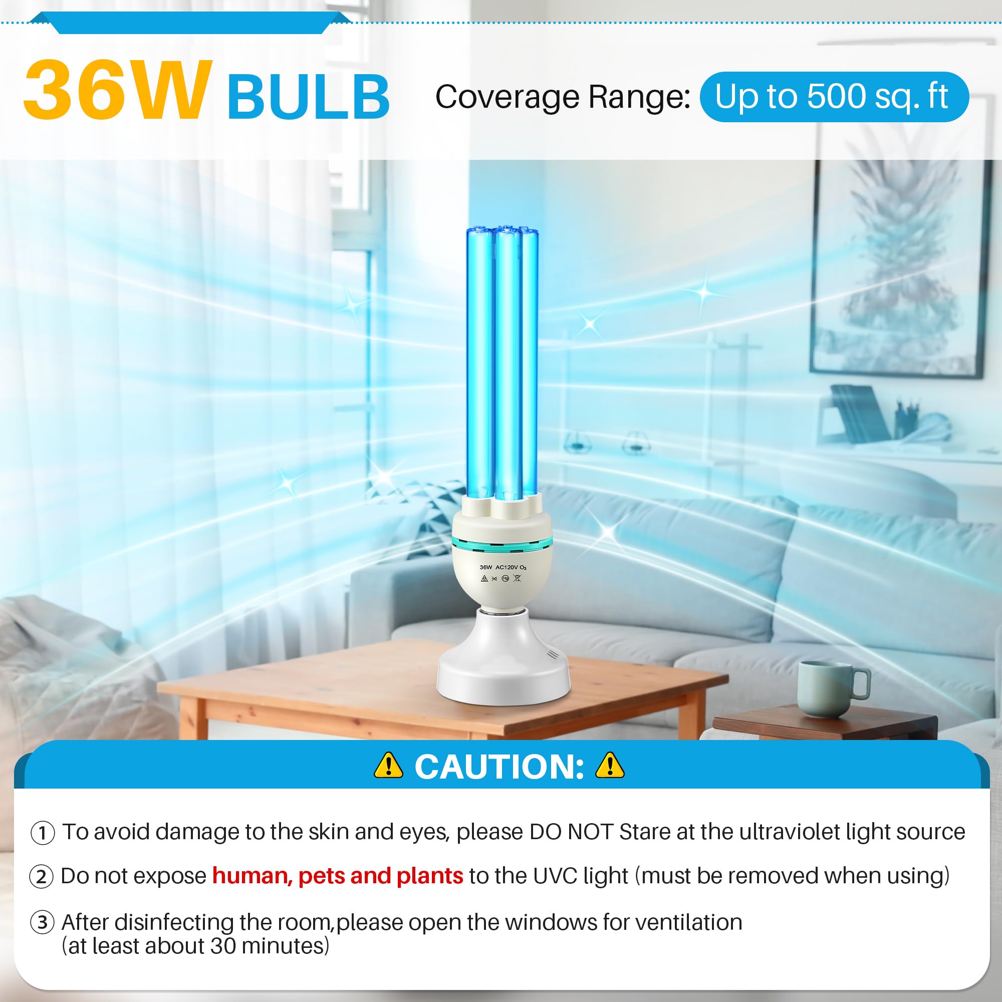 Qualirey 36 Watts Uvc Ozone Light With Remote Control And Uv Glasses  Uv Lamp With E26 Base  3 Gear Timer 15/30/60 Minutes  Uvc Light Bulb For Basement  Bedroom  Kitchen  Storehouse  Car