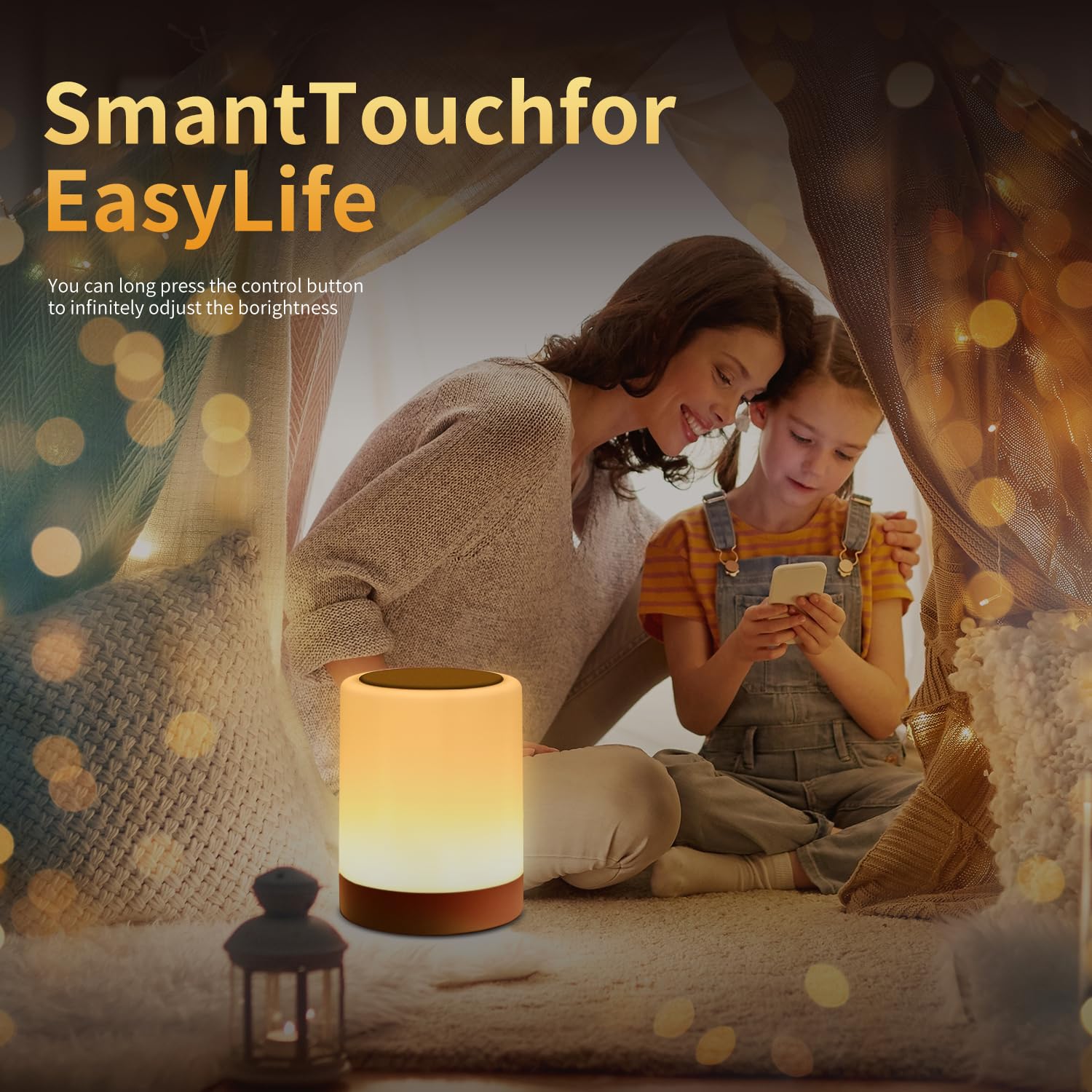 OORUN Touch Bedside Table Lamp, RGB Color Changing, Remote Control, Dimmable, 3.74inD x 3.74inW x 4.8inH, Gold, Model