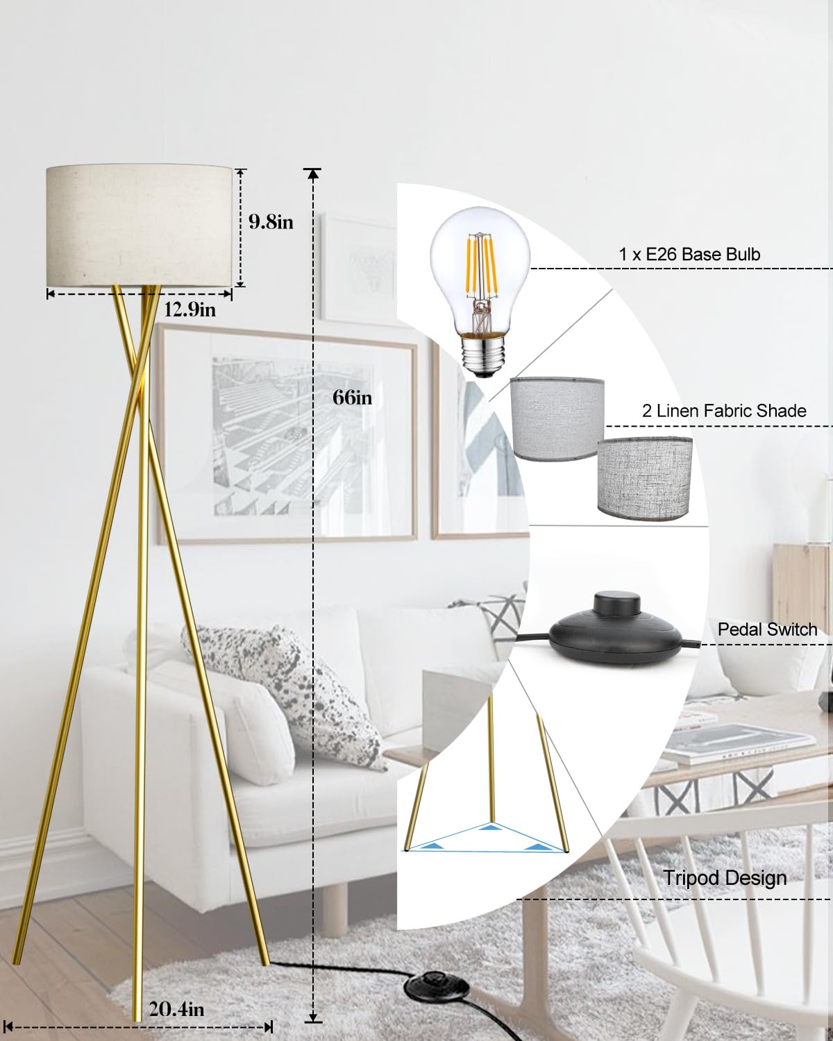 Lightdot Gold Tripod Floor Lamp, Modern Standing Lamp with Linen Shade, E26 Bulb Included, 66in Tall, Model YRFLL-E26XX-66