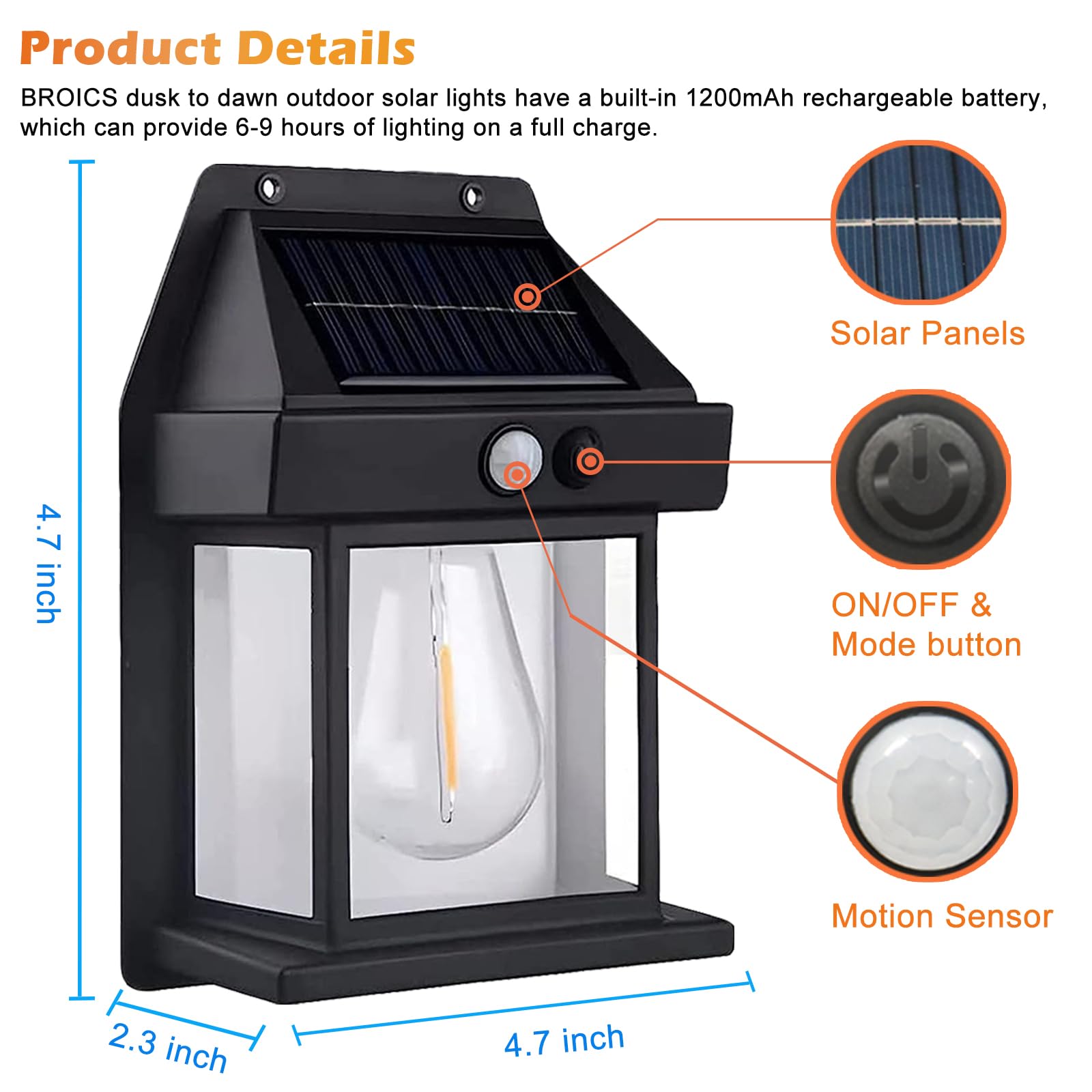 Mutois Solar Wall Lights Outdoor, 3 Modes & Motion Sensor, Waterproof Black Lantern, 2 Pack