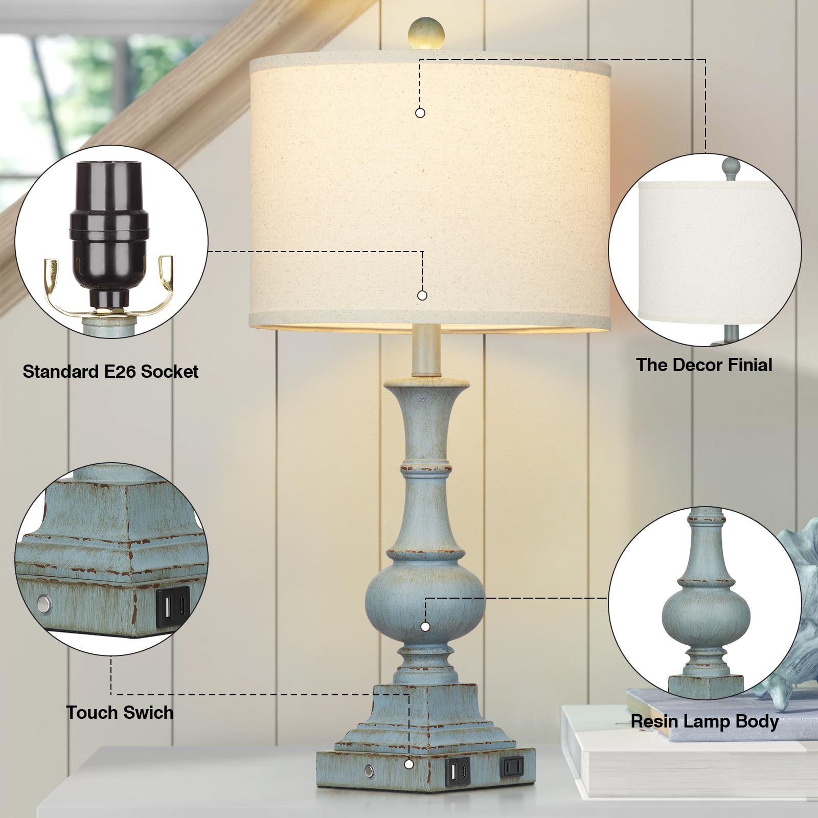 Farmhouse Table Lamps Set Of 2, Rustic Touch Control Bedside Lamps With 2 Usb Ports & Ac Outlet, Vintage Resin 3-Way Dimmable Nightstand Lamp Linen Fabric Shade For Living Room Bedroom Decor Blue