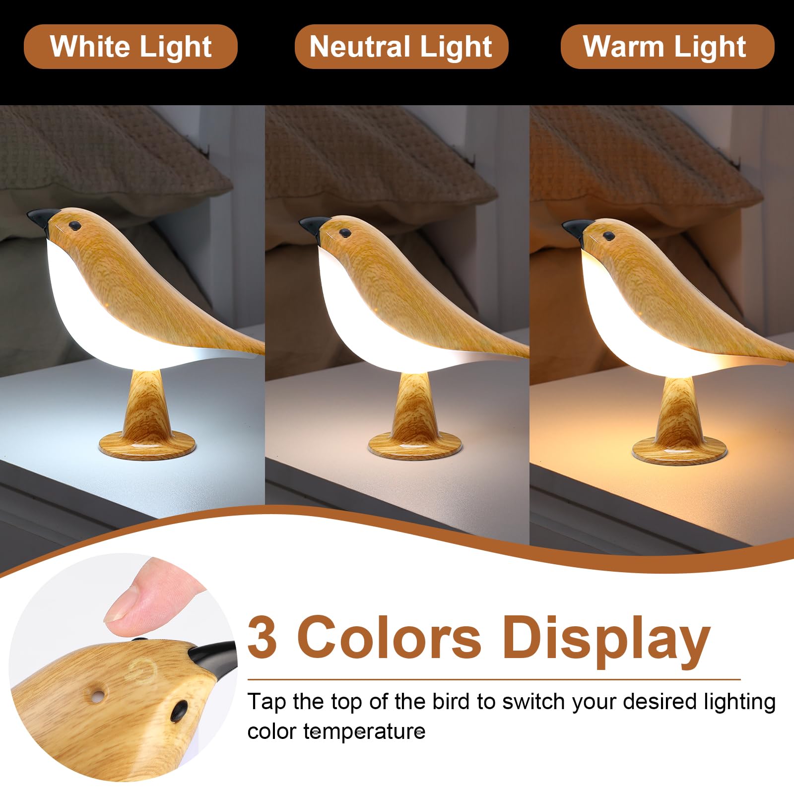 VoMii Small Bird Table Lamp, Remote Control, Timer, 3-Color Dimmable, Rechargeable, Portable, Warm/Cool Light, Model 1