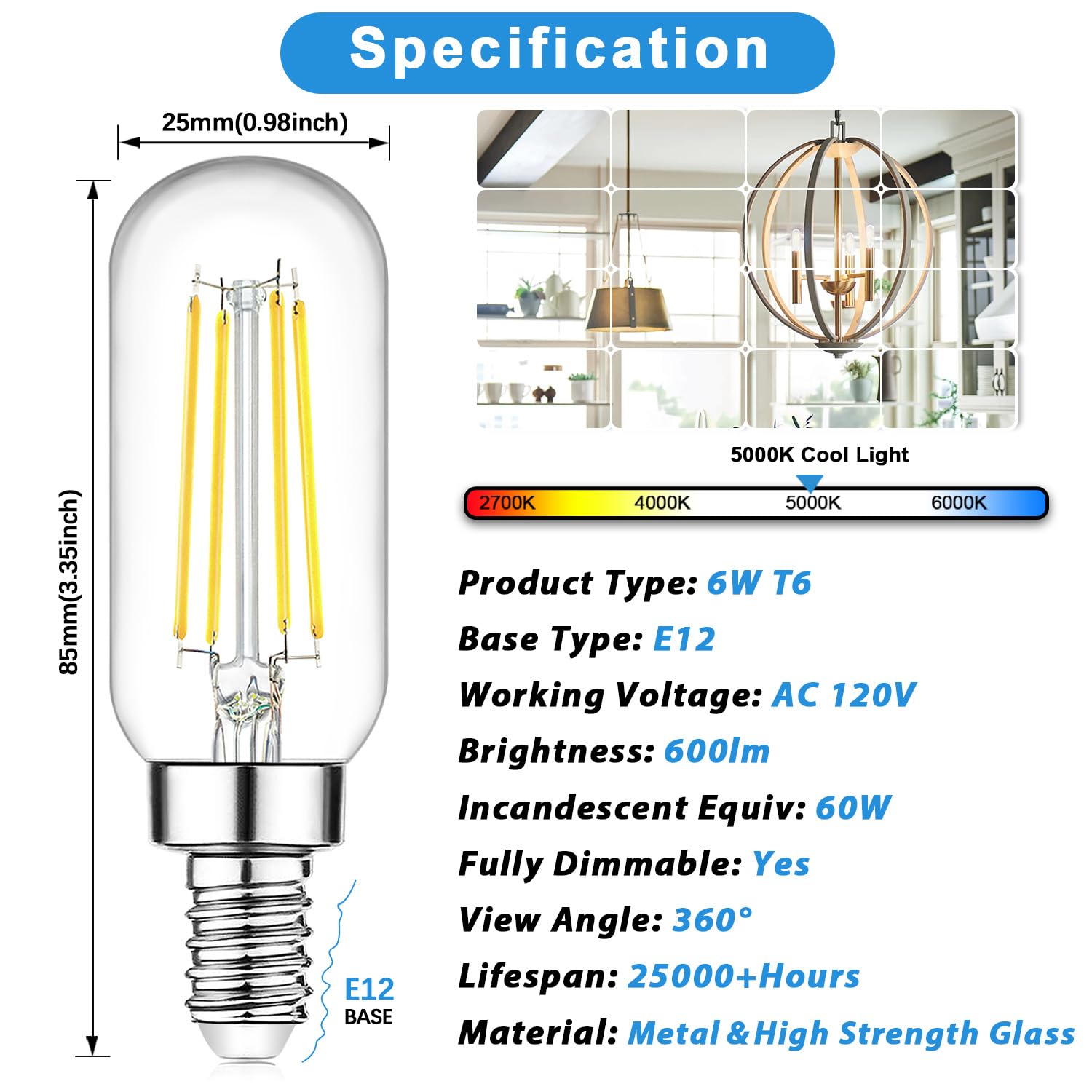 E12 Led Light Bulbs 40 Watt Equivalent, 4W Candelabra Dimmable Edison Bulbs, 5000K Daylight White T6 Led Bulbs For Chandelier Ce
