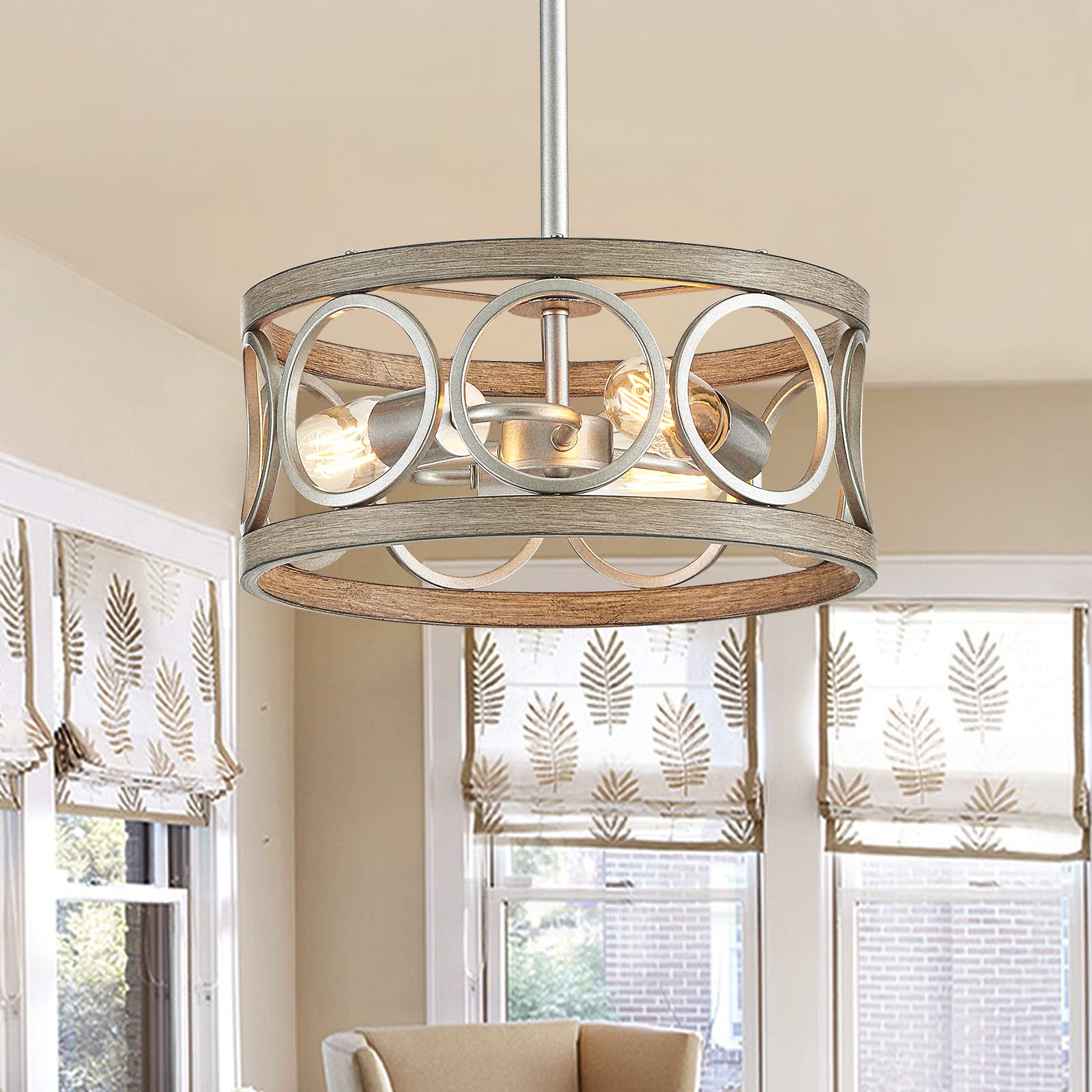 Peskoe Modern Chandelier, 13'' Farmhouse Pendant Light Dining Room Light Fixtures, Ceiling Light For Bedroom Living Room Kitchen, 3-Light Nickel And Wood Grain Metal Hanging Lamp