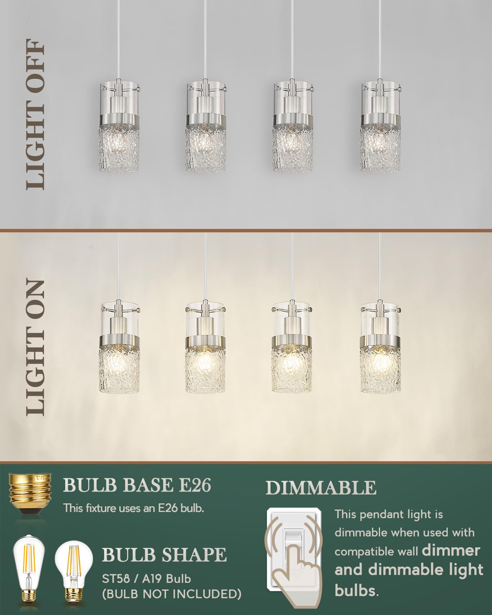 LMS 4-Light Island Lighting Fixture, Brushed Nickel, Hammered Glass, 3.5" Chandelier, Farmhouse Style, Model LMS-171BN4L