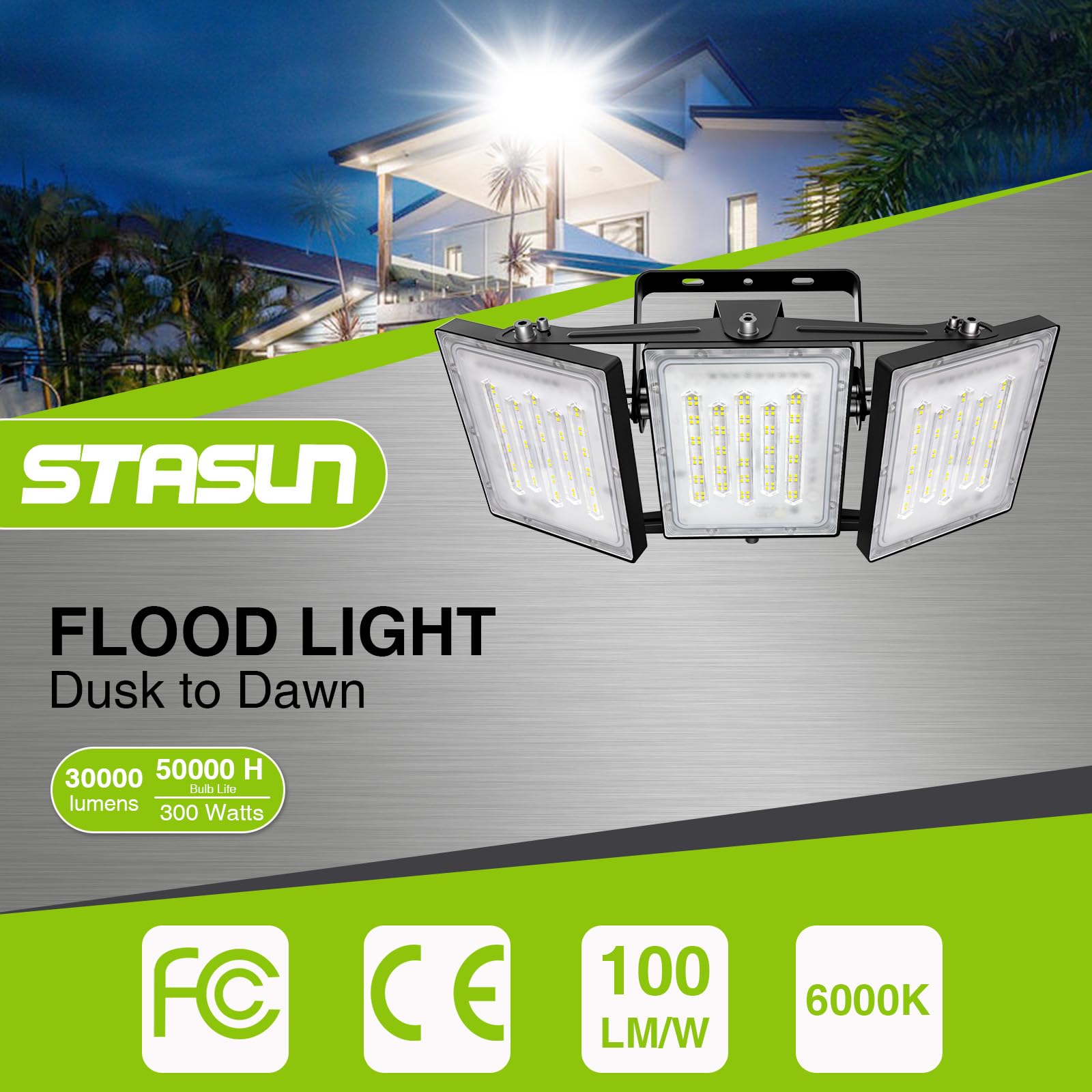 STASUN 300W LED Flood Light - 30,000LM, Dusk to Dawn, IP66 Waterproof, Black, Model 21033