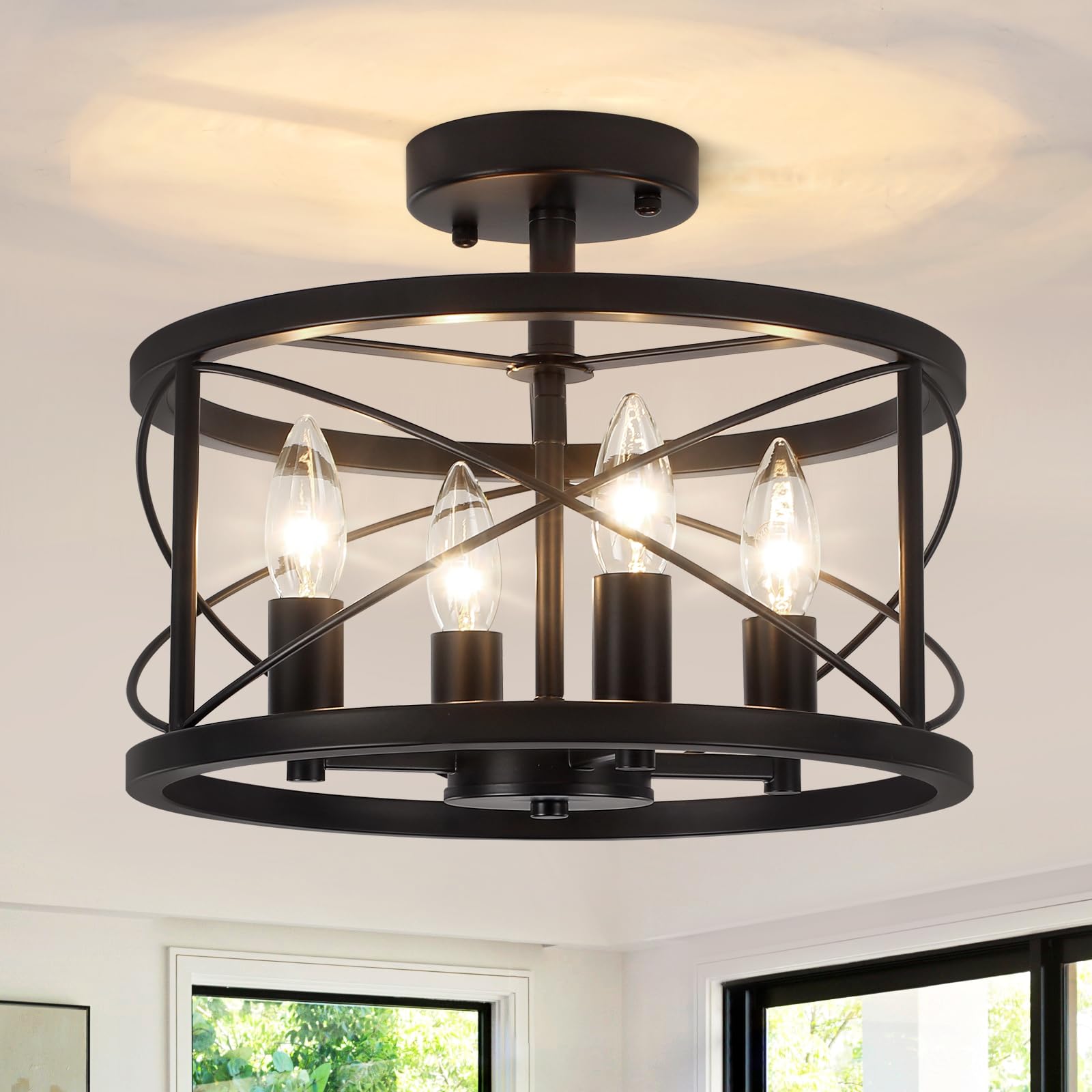 TOULMJ 4-Light Black Semi Flush Mount Ceiling Light, Modern Entryway Light Fixtures, Farmhouse Light Fixtures Ceiling Mount for 