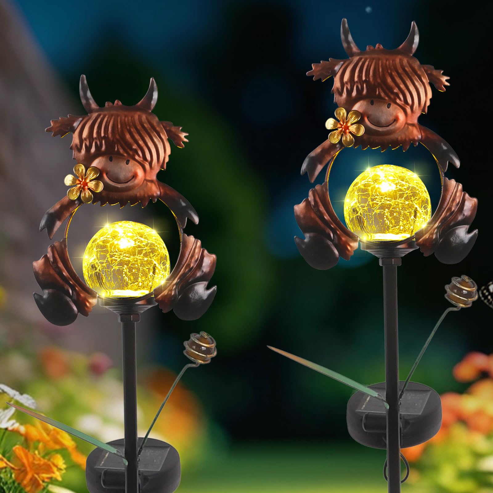 Solar Highland Cow Garden Stake Lights for Outside 2 Pack Metal Highland Cows Outdoor Decor Waterproof Decorative Garden Stakes 