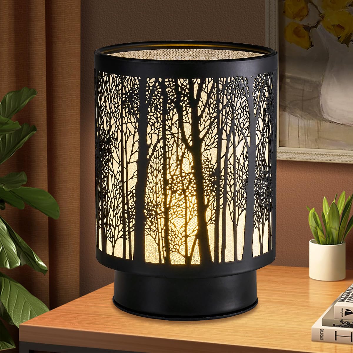 Battery Operated Lamp With Timer, Glass Cordless Lamp For Power Outage, Decorative Small Accent Lamp For Area No Plug, Battery Powered Lamp For Corner/Entryway/Stairway/Bathroom/Fireplace (Tree)