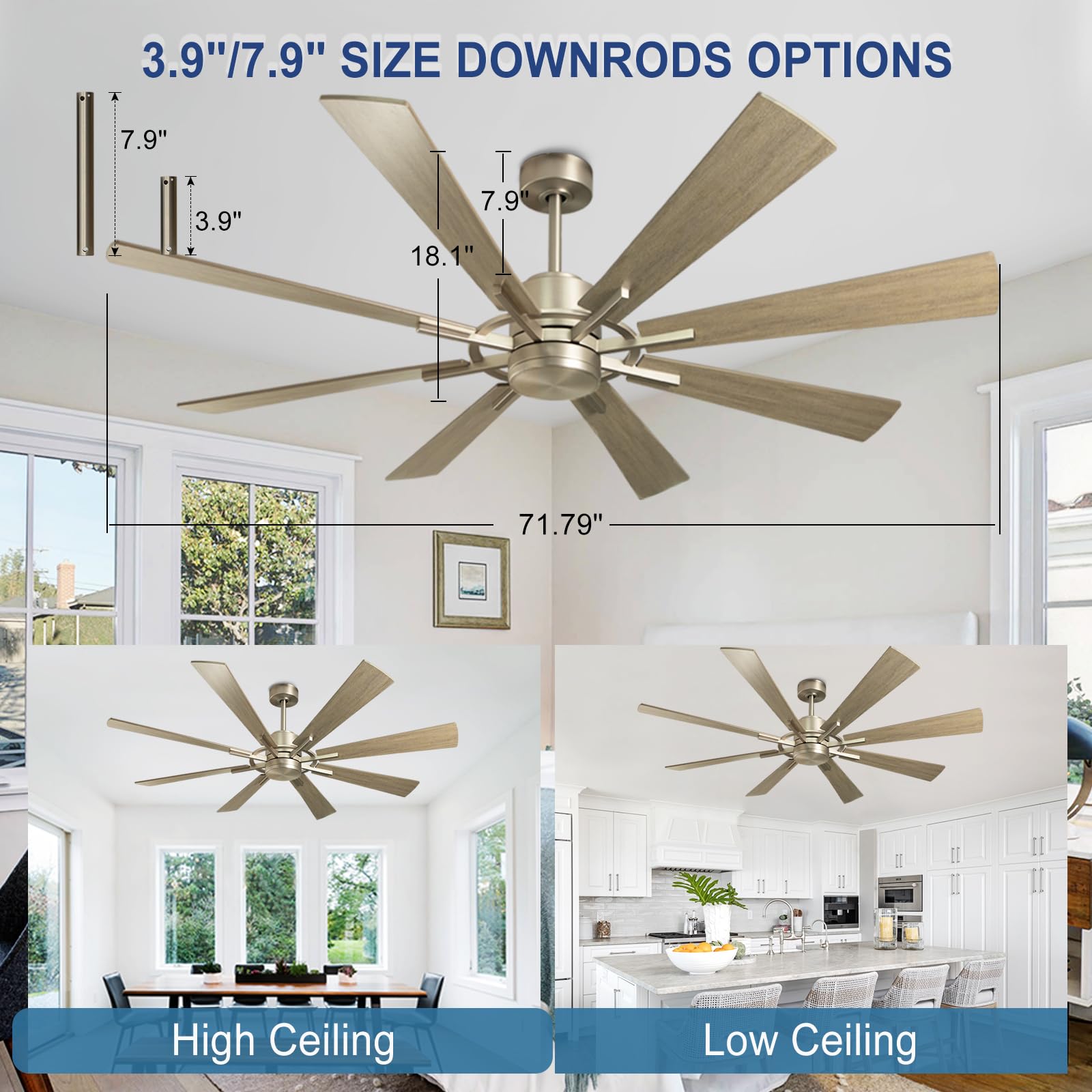 Depuley 72in Ceiling Fan Without Light, Wood Color, 8 cutting edge, Reversible, Quiet DC Motor, Model WS-FPZ182-18B-GR