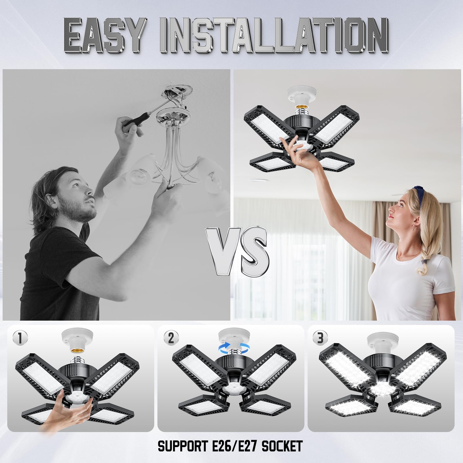 Topaubub Garage Light 4 Pack 120W, 12000Lm Garage Lights Ceiling Led With 4+1 Deformable Panels 6500K Led Garage Light, Led Shop Lights For Workshop, Garage, Basement Support E26/E27