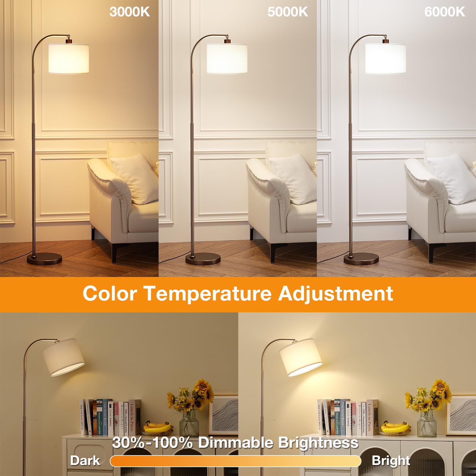 Ambimall Arc Floor Lamp With Remote And Stepless Dimmable Bulb, Colors Temperature & Brightness Adjustable, Brown Floor Lamps Fo