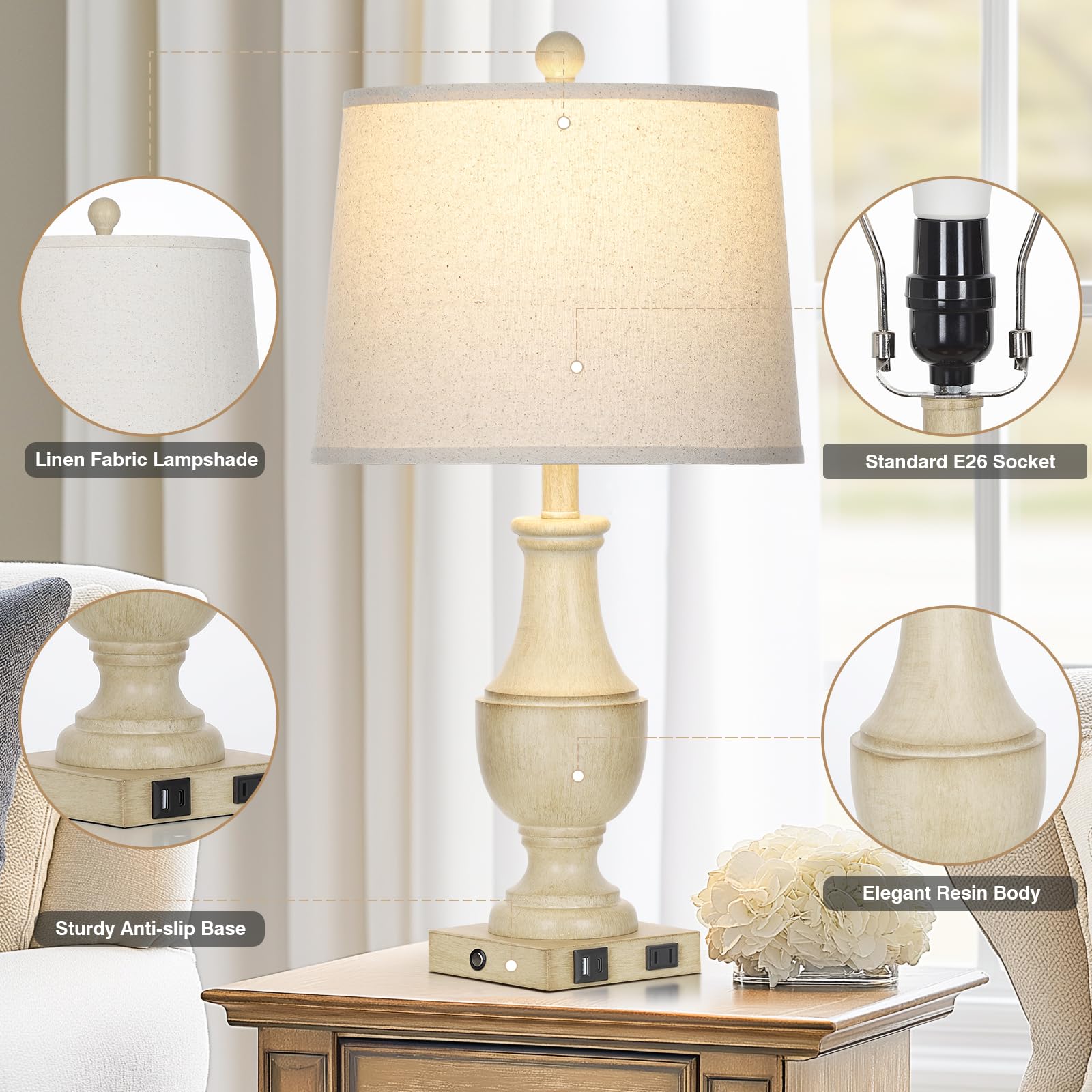 Rinweey Farmhouse Lamps Set Of 2, Vintage Rustic 3-Way Dimmable Touch Control Table Lamp With Usb A+C Charging Ports & Ac Outlet