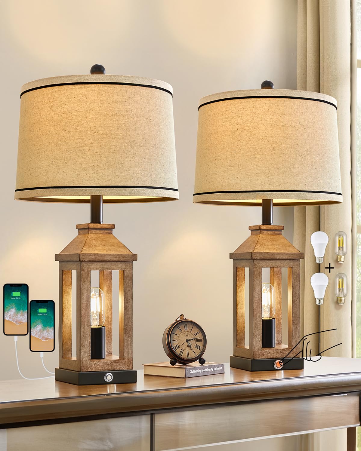 G-SAFAVA 23.75'' Farmhouse Dual USB Charging Ports 3-Way Dimmable Touch Control Table Lamp with Nightlight Vintage Modern Lamps 