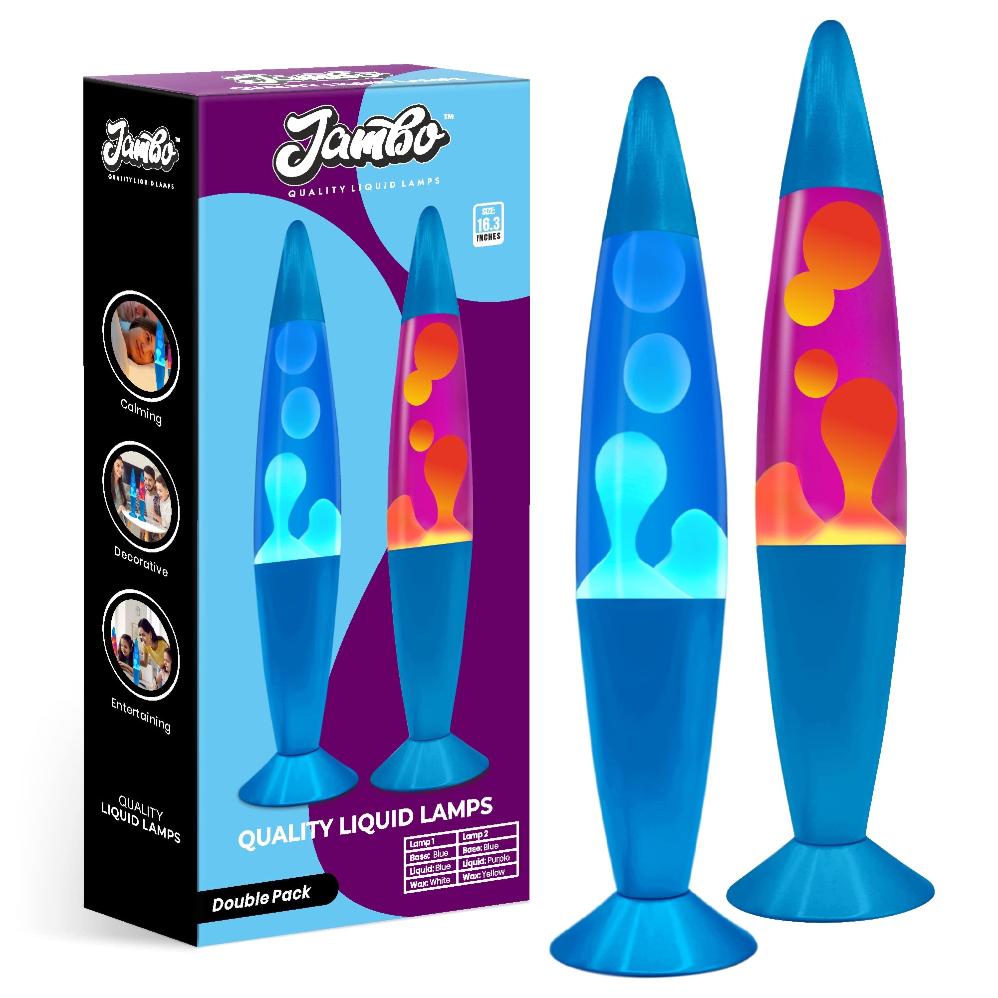 JAMBO 16in Motion Lamp Double Pack - Blue Base with White Wax & Purple Base with Yellow Wax, Aluminum, Model 66030