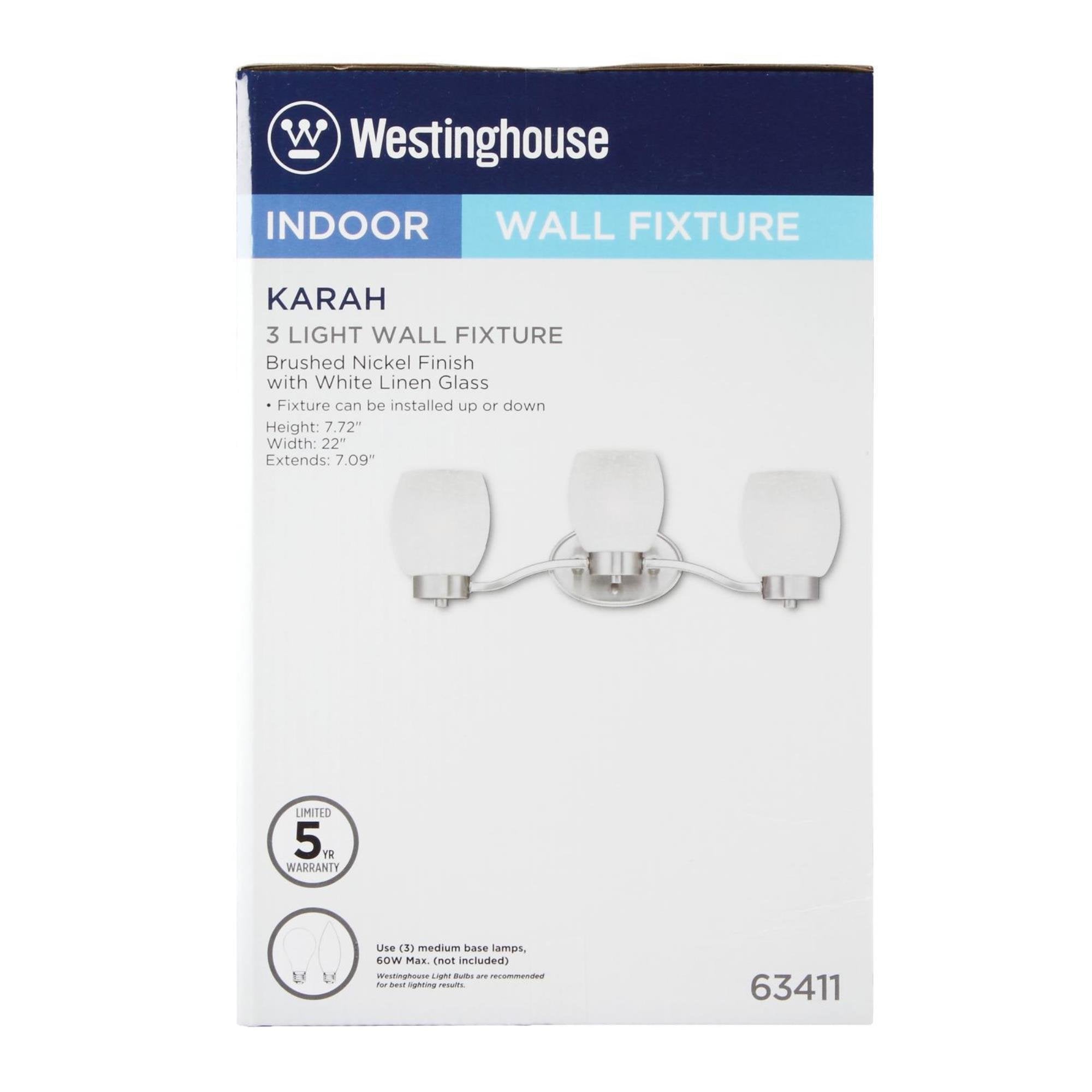 Westinghouse 6341100 Karah Three-Light Indoor Wall Fixture, Brushed Nickel Finish With White Linen Glass