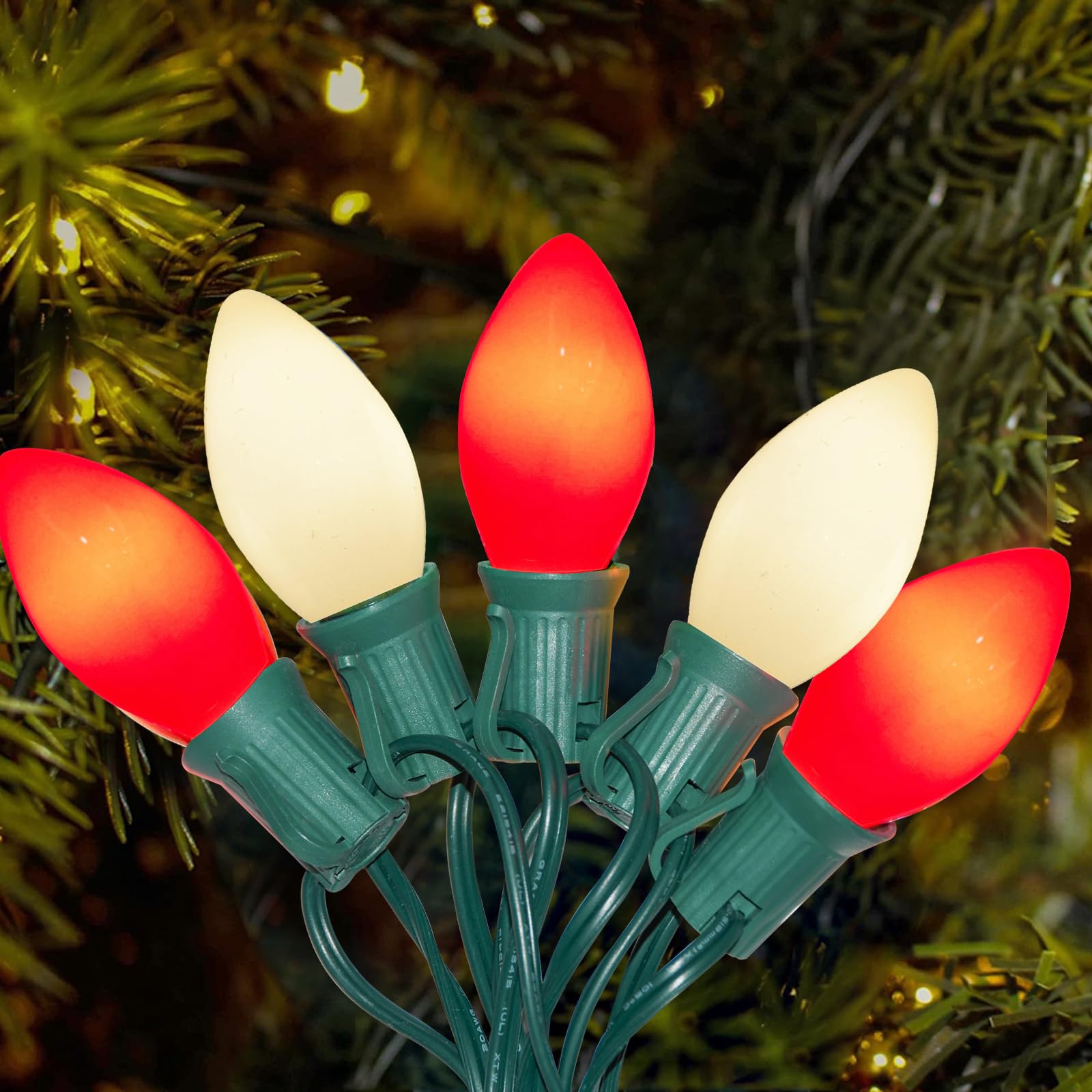 C7 LED Christmas Lights Outdoor, 25Ft Christmas Red White String Lights with 27 Ceramic LED Bulbs(2 Spare), Connectable Vintage 