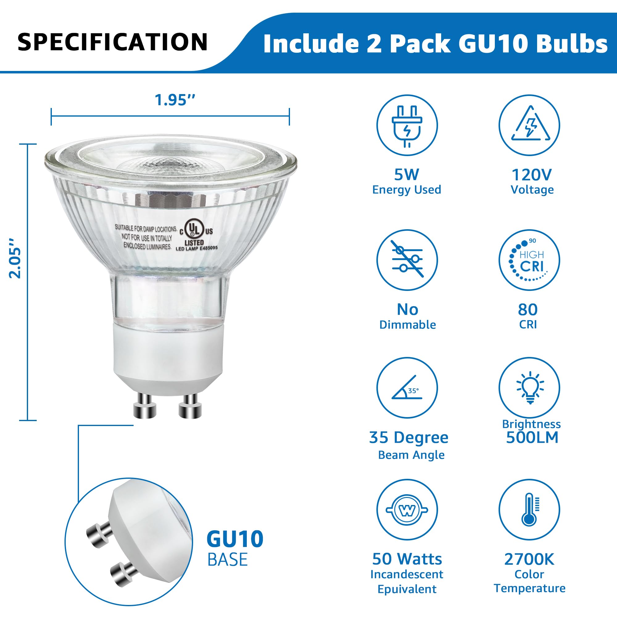 Sunvie 2 Pack Indoor Uplights With 2700K Gu10 Bulb, Black Accent Spotlights For Home Decor